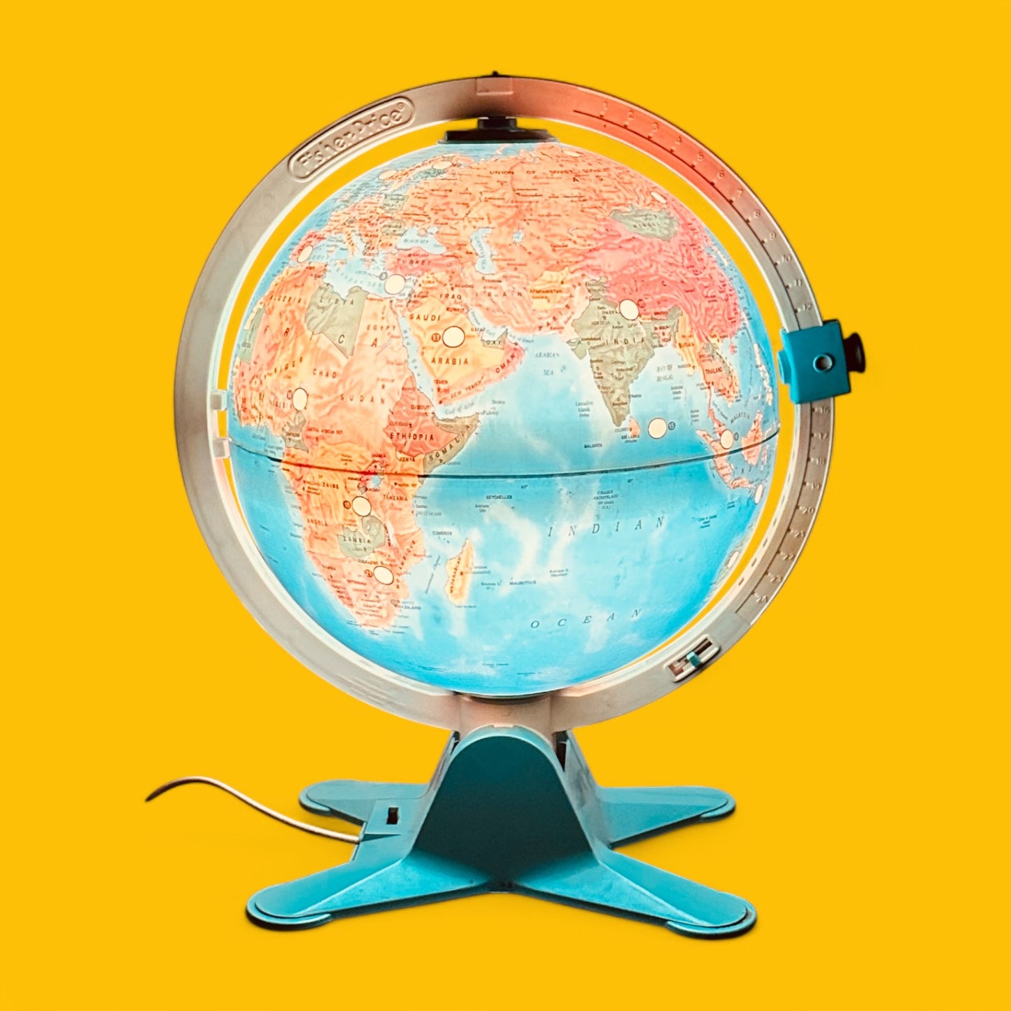 Bright and colorful Fisher Price Illuminated Globe showcasing interactive locations, perfect for educational play.