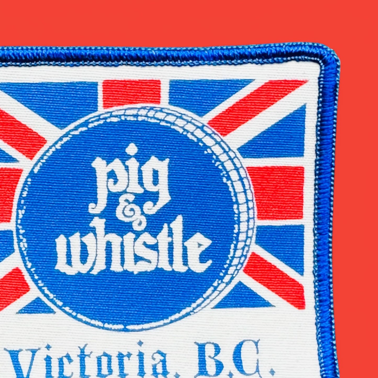 Vintage embroidered patch featuring the Pig & Whistle Pub design on a Union Jack background, 3.5" x 3".