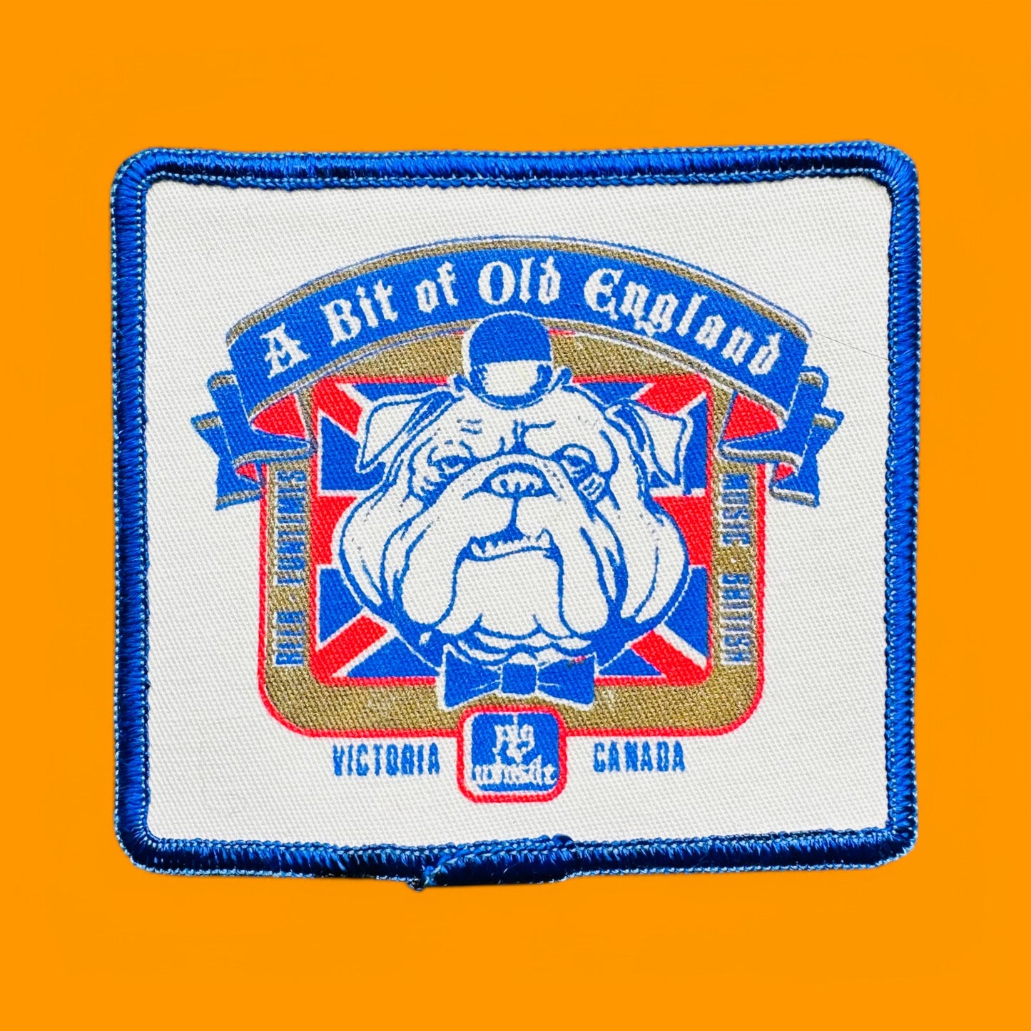 Bit of England Pub Embroidered patch, Victoria BC, New Old Stock, NOS, featuring a bulldog design, 3.75" x 3".