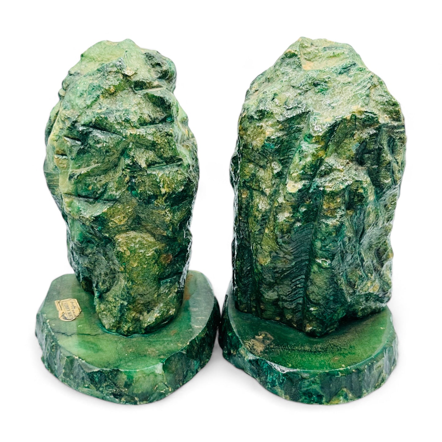 Handcrafted Green Alabaster Book Ends with Vintage Brutalist Style - 6" Tall x 4" Wide