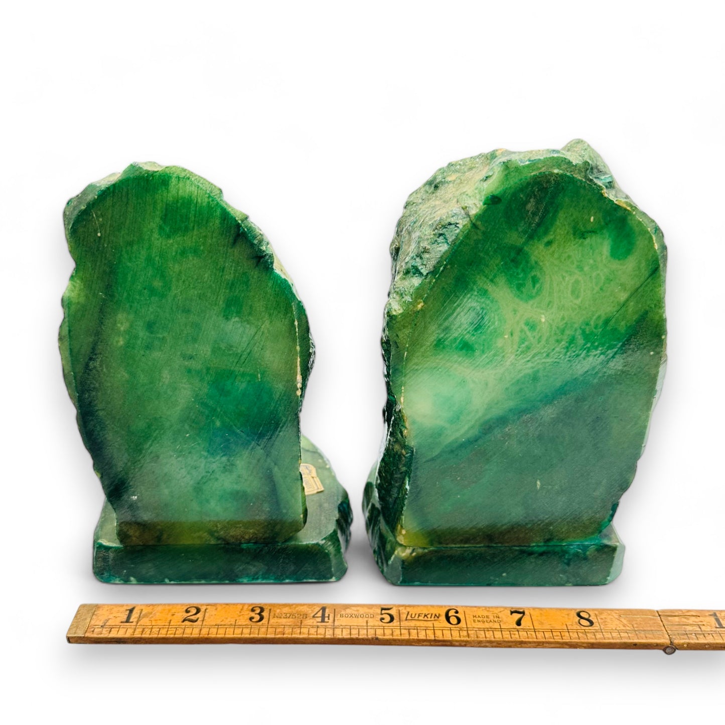 Handcrafted Green Alabaster Book Ends with Vintage Brutalist Style - 6" Tall x 4" Wide