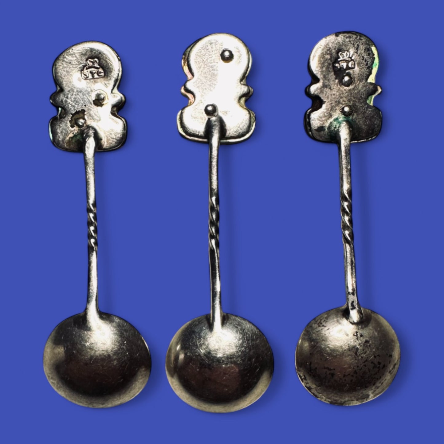 Vintage New Zealand Māori Silver & Mother of Pearl Spoons – Tribal Carving Detail
