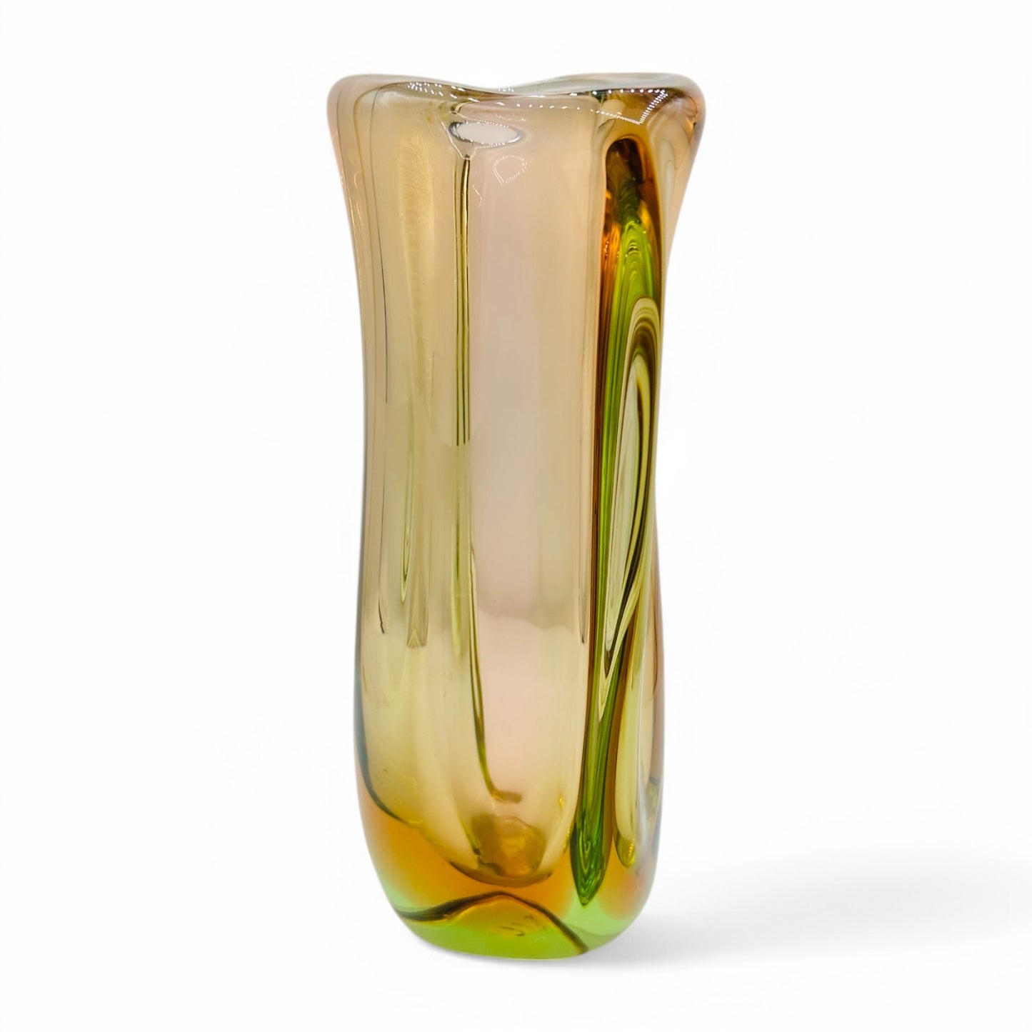 Vintage 1960s Czech Bohemian Art Glass Vase handmade by Jaroslav Beranek Skrdlovice Studio, showcasing green and copper hues.