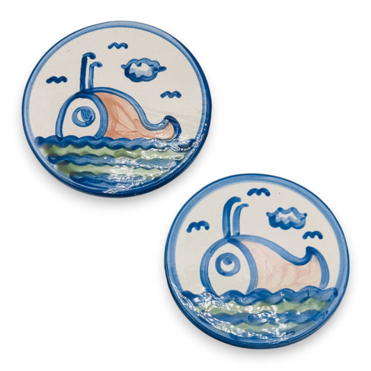 6.5" Hand-Painted Blue Whale Coaster Set - Nautical Stoneware Collection