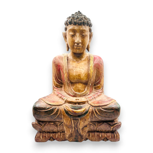 Elegant Handcrafted Wooden Buddha Statue with Colorful Attire 16" Tall