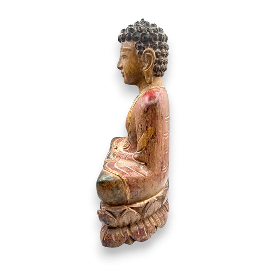 Elegant Handcrafted Wooden Buddha Statue with Colorful Attire 16" Tall