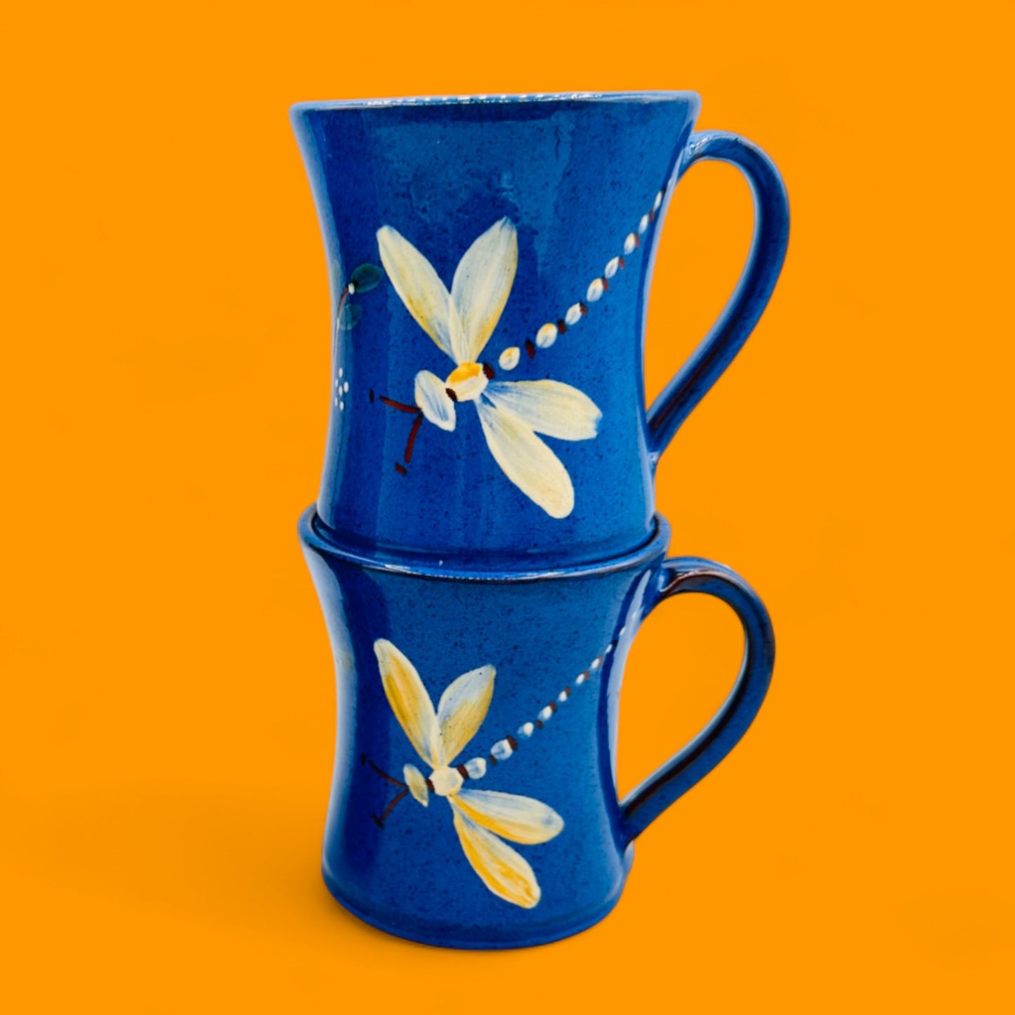 Blue Dragonfly Hand-Painted Pottery Mugs - Whimsical