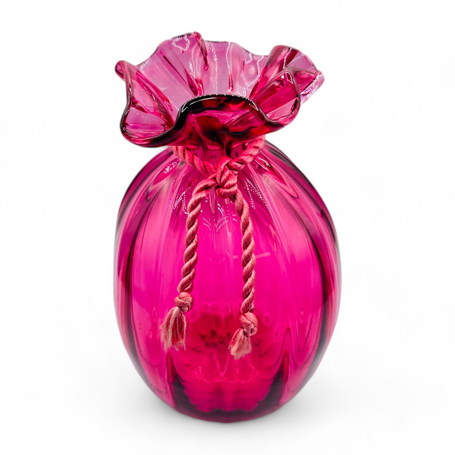 Rare Ribbed Cranberry Glass Sack Vase 8" Pilgrim