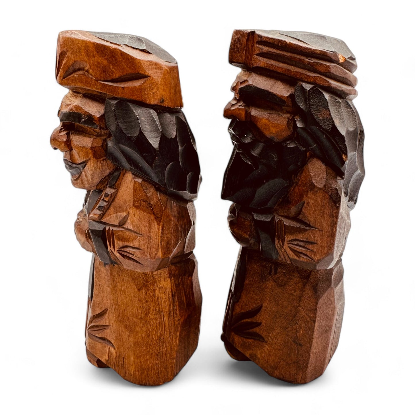 Vintage Handcarved Ainu Folk Art Couple - Traditional Japanese Wooden Dolls