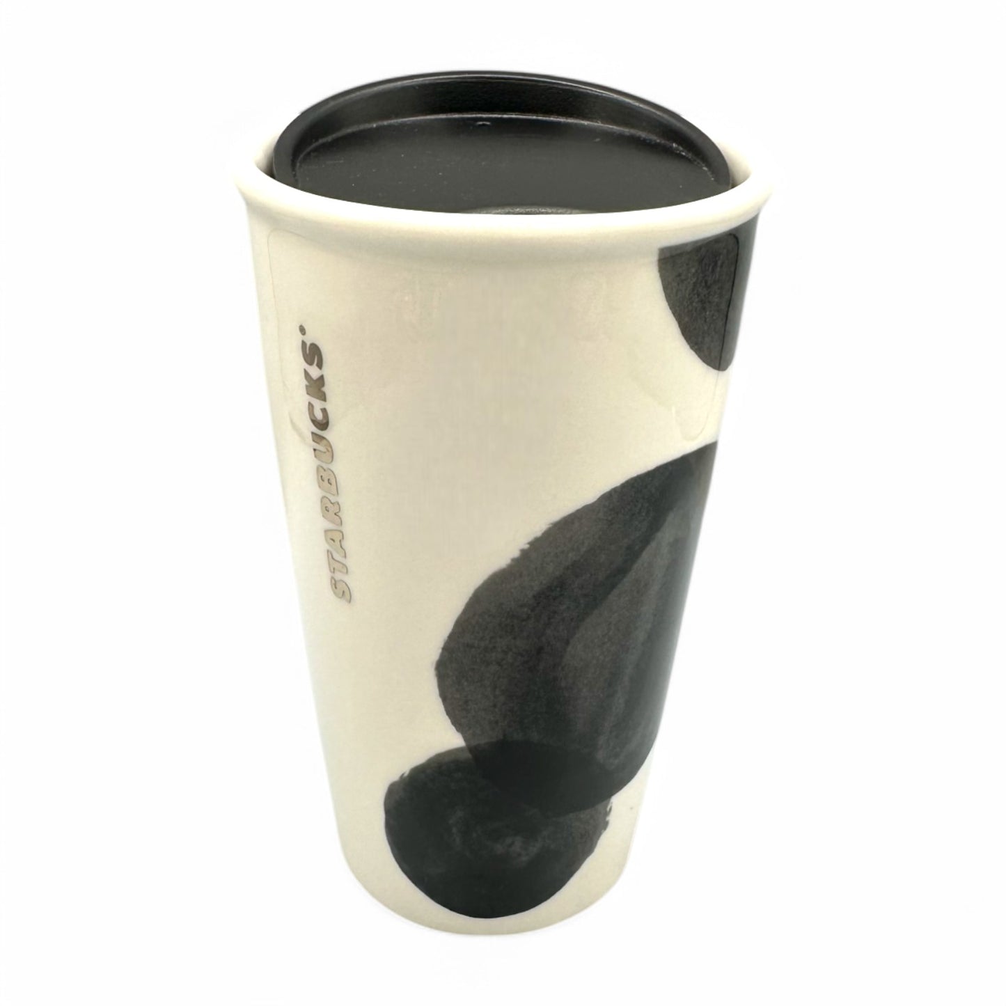 Stylish black and white Starbucks Travel Tumbler Mug, insulated ceramic with a modern design, 10 FL/OZ capacity.
