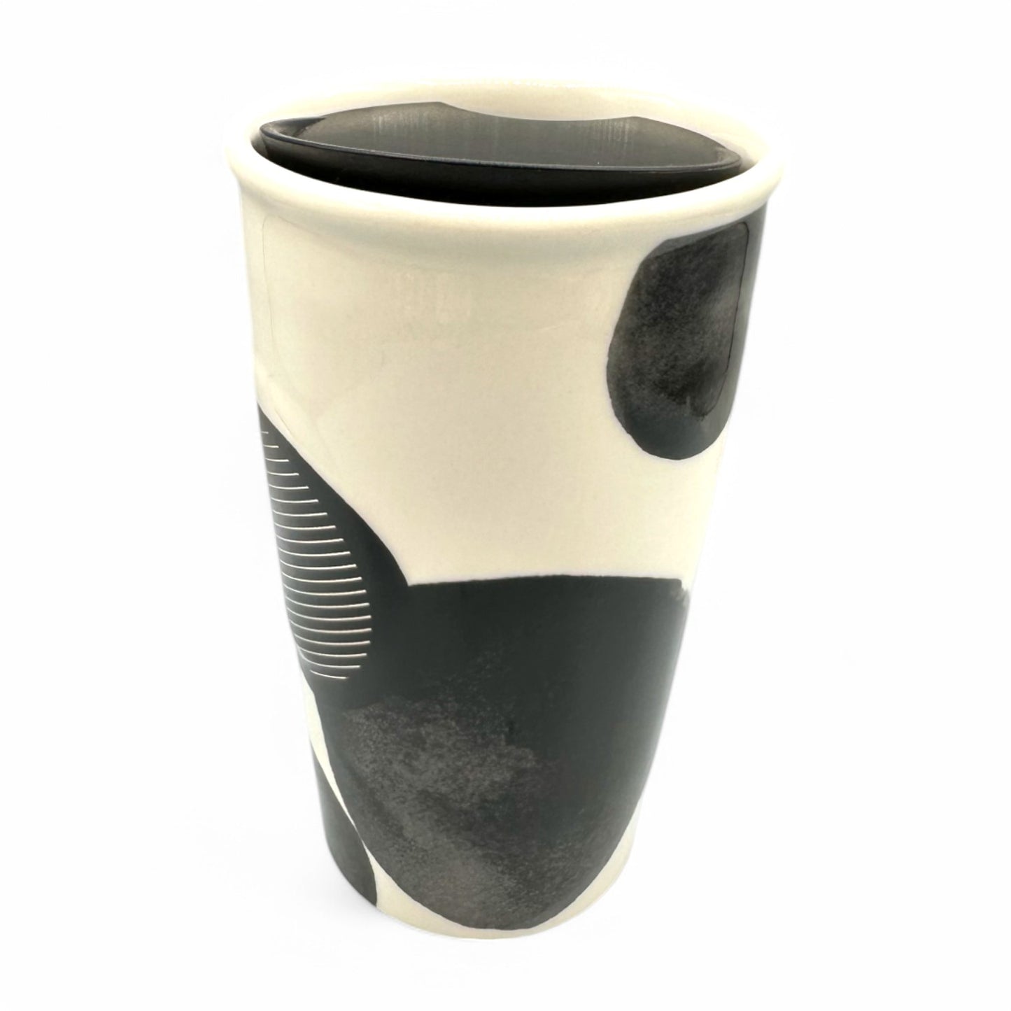 Stylish black and white Starbucks Travel Tumbler Mug, modern ceramic design, 10 FL/OZ, perfect for on-the-go.