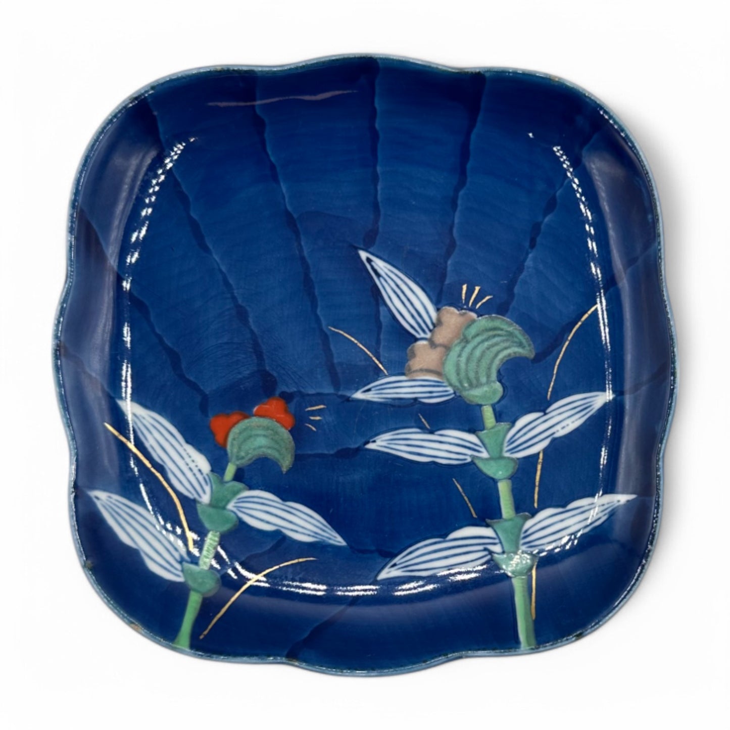 Chinese Imari Handpainted Plate (Lot of 3) featuring blue floral design and scalloped edges, marked FUKU.
