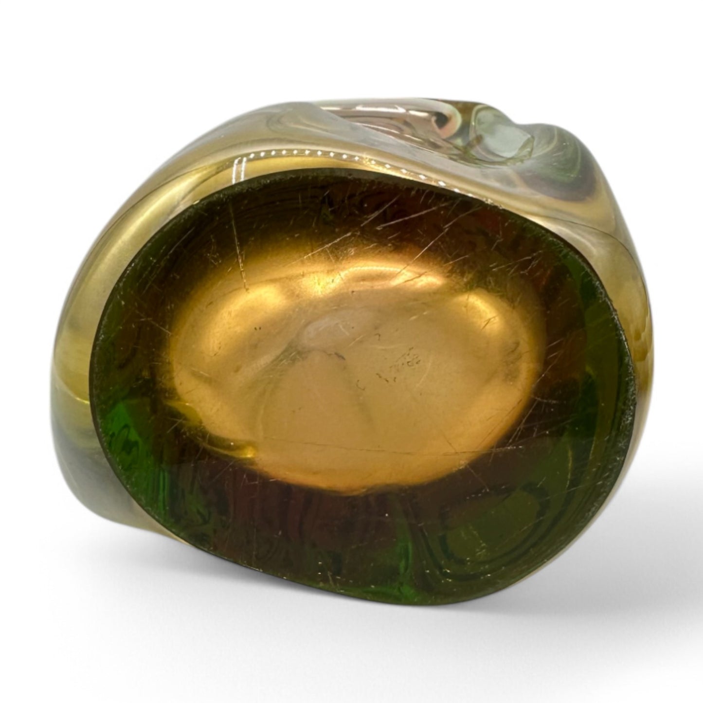 Vintage 1960s Czech Bohemian Art Glass Vase handmade by Jaroslav Beranek Skrdlovice Studio, featuring green and copper hues.