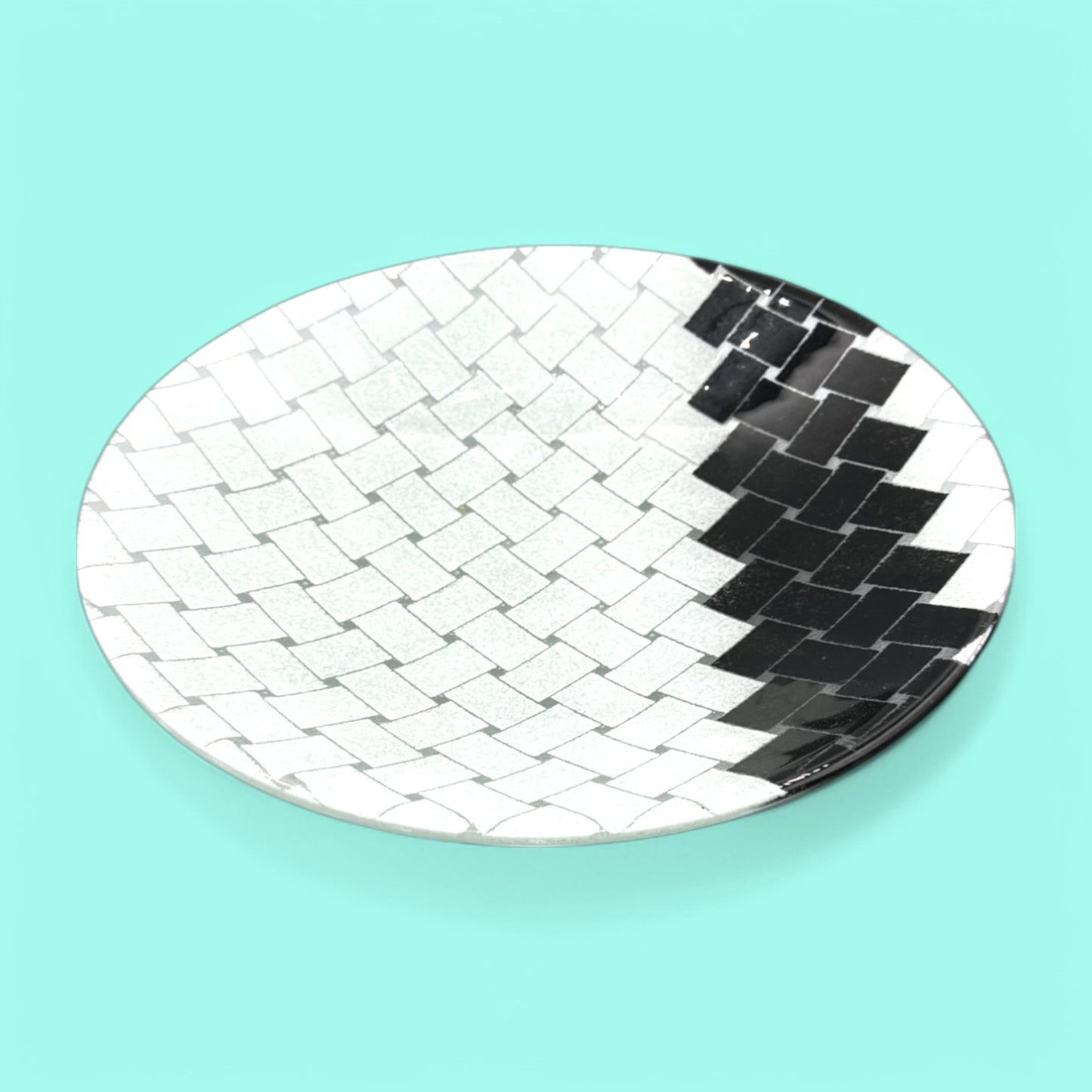 Maori Boy Fused Glass Bowl With Black And White Weave Pattern 13" Diameter
