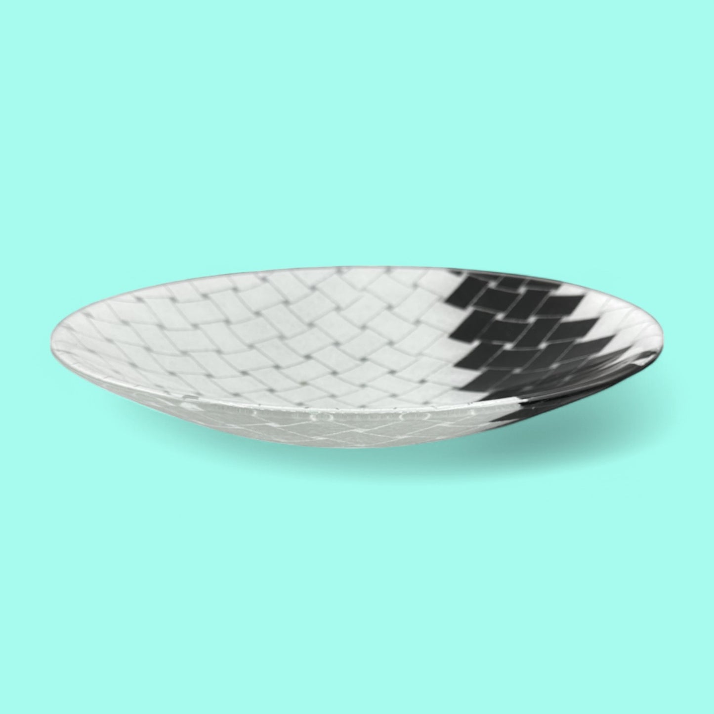 Maori Boy Fused Glass Bowl With Black And White Weave Pattern 13" Diameter