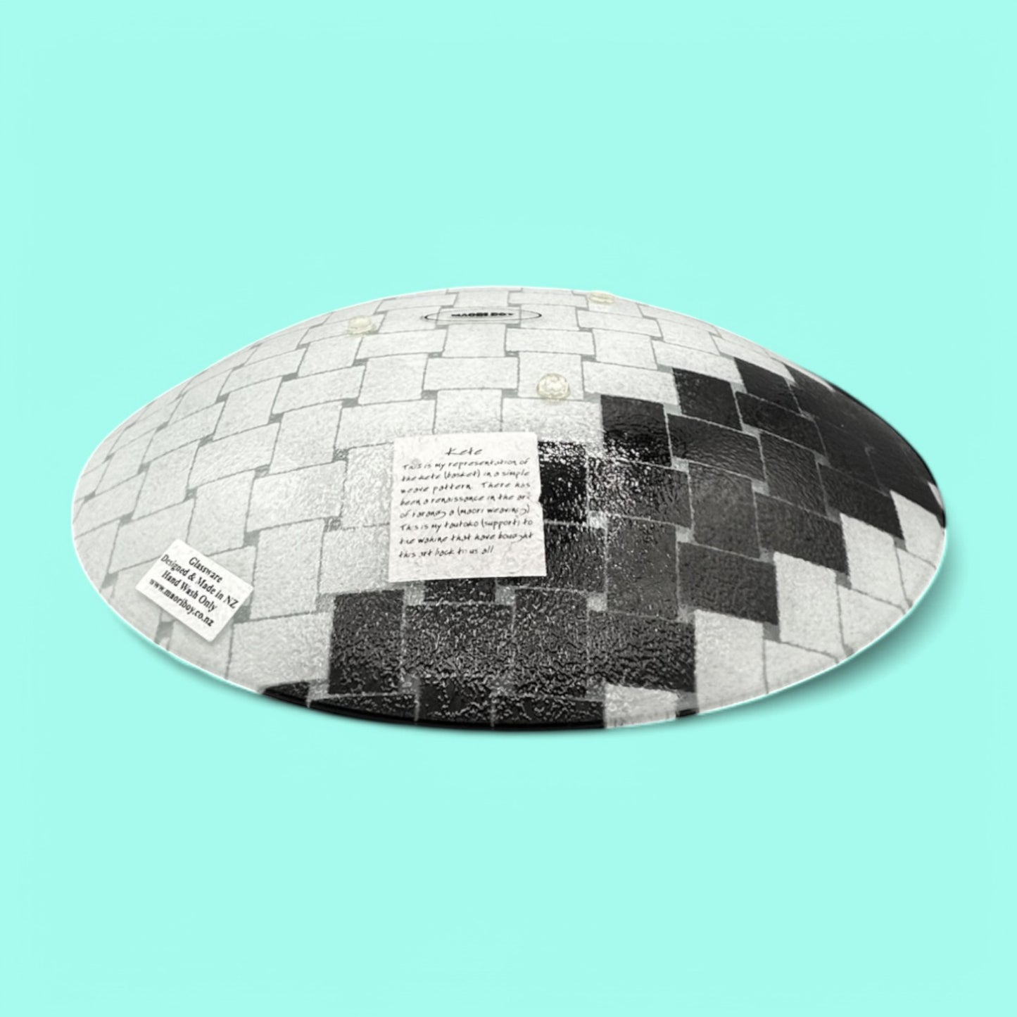 Maori Boy Fused Glass Bowl With Black And White Weave Pattern 13" Diameter