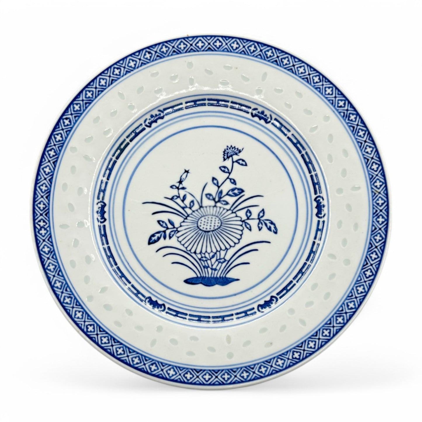 Chinese Blue and White Traditional Dinner Plate 9 Inches Rice / Flower Design 1970's