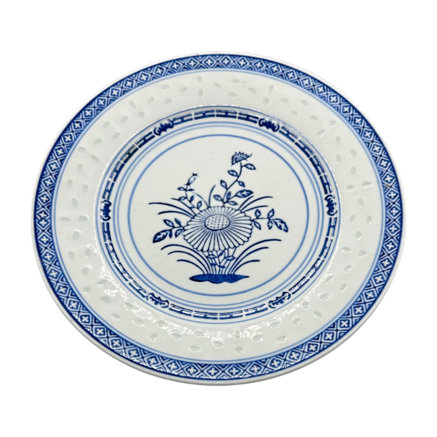 Chinese Blue and White Traditional Dinner Plate 9 Inches Rice / Flower Design 1970's