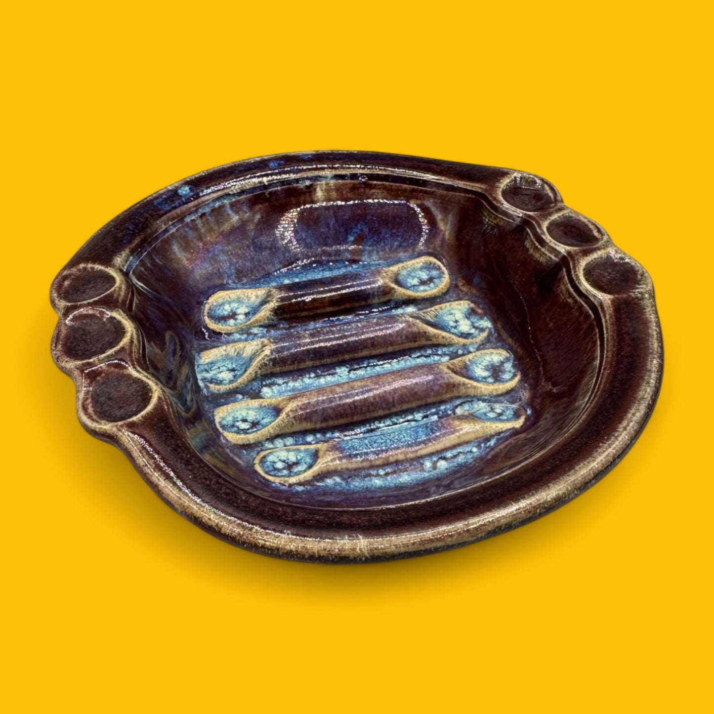 Handmade mid-century modern soap dish or ashtray, unique pottery design from the 1960s, 5.5 inches wide.