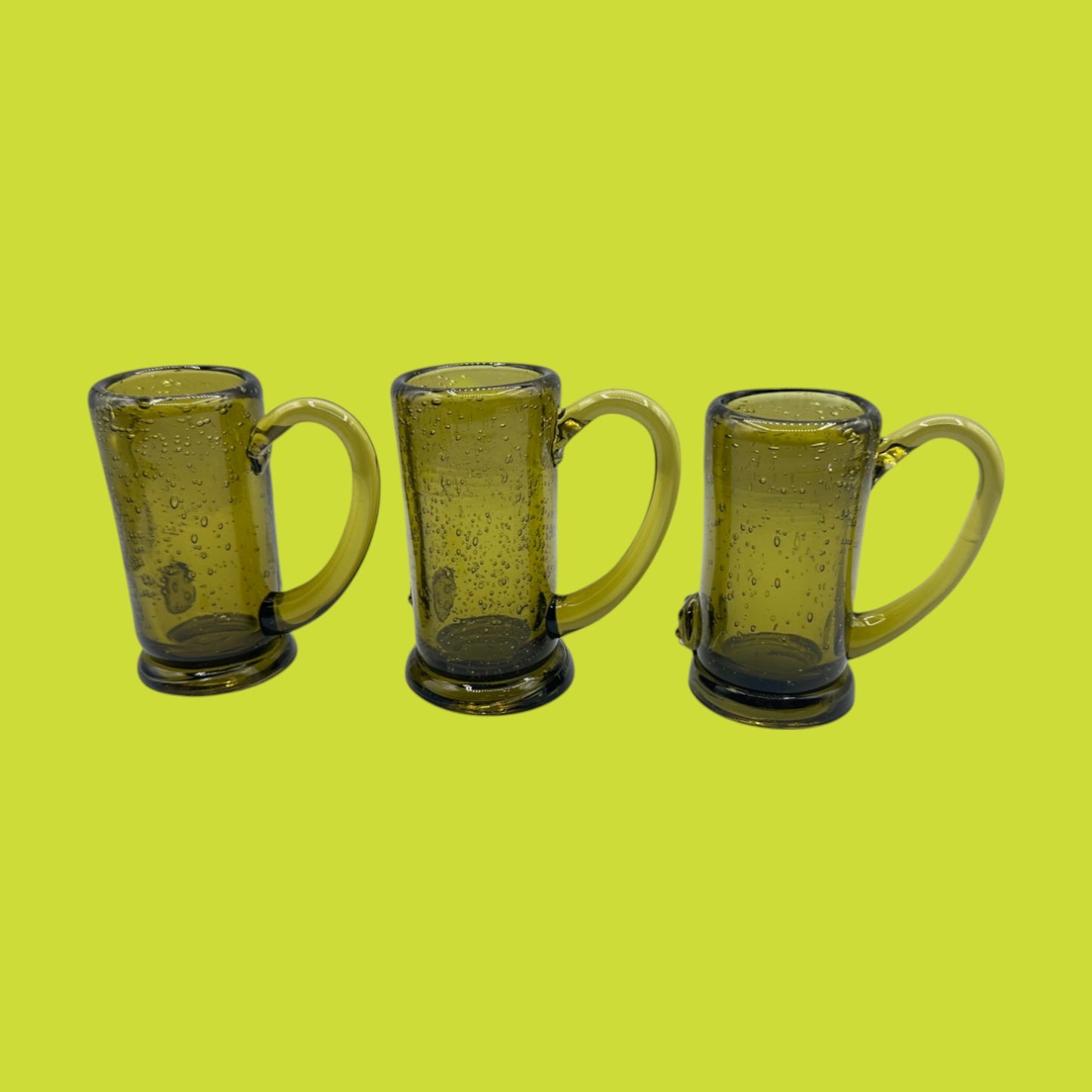 Vintage Green Aperitif Glasses - Set of 3, Handblown with Bubbles