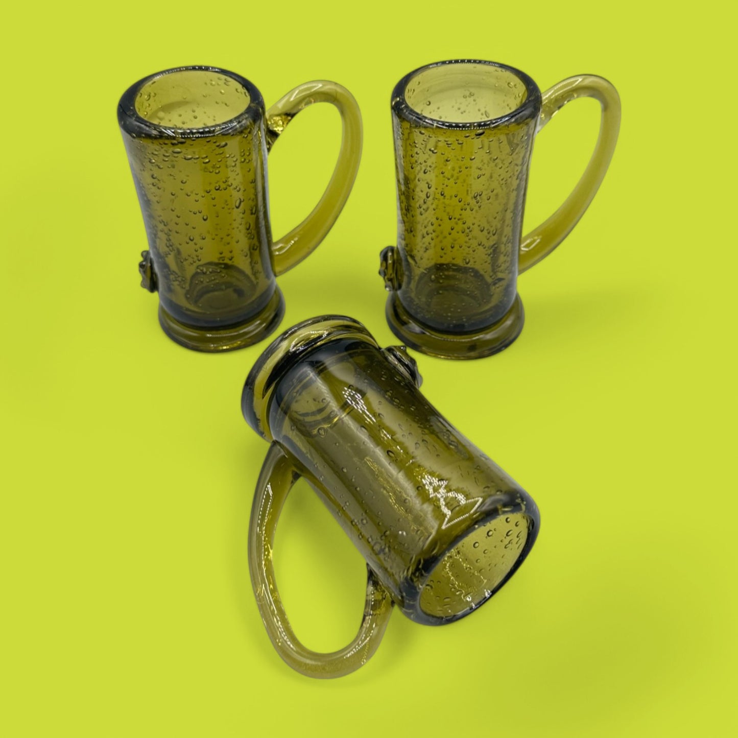 Vintage Green Aperitif Glasses - Set of 3, Handblown with Bubbles