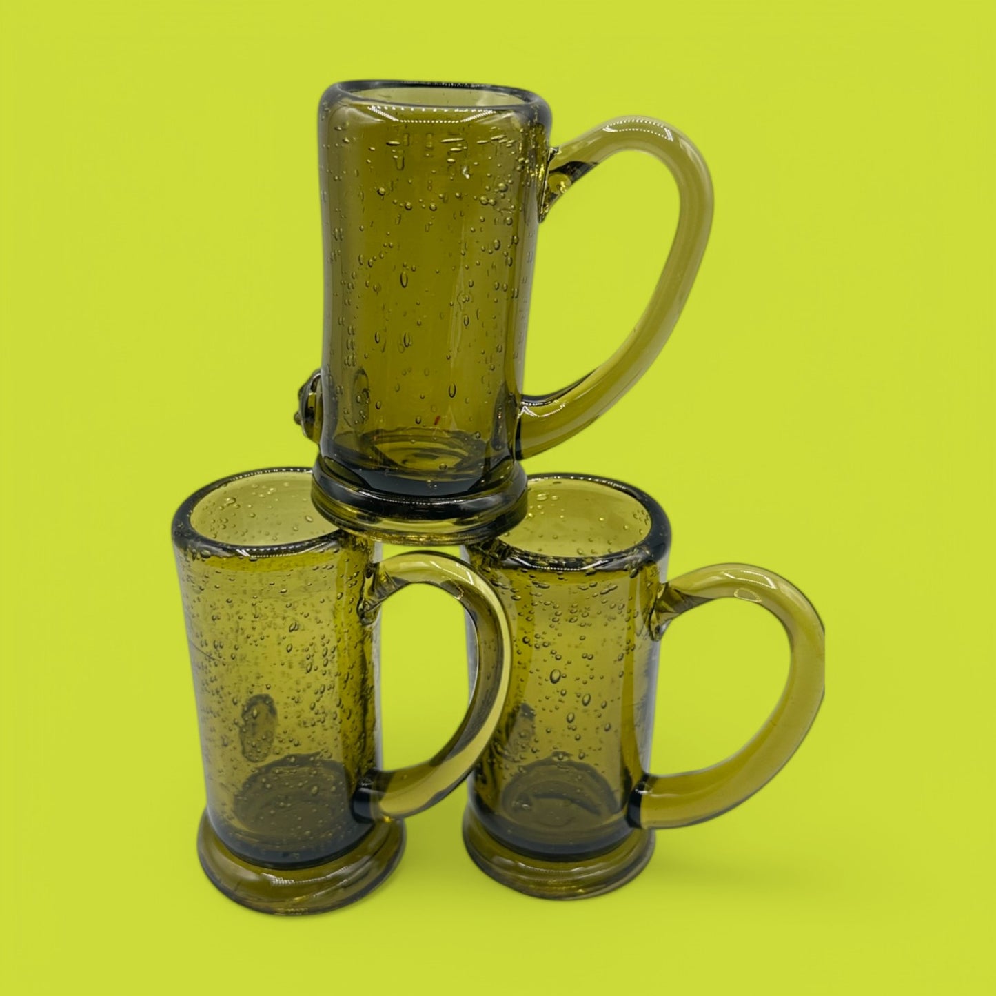 Vintage Green Aperitif Glasses - Set of 3, Handblown with Bubbles