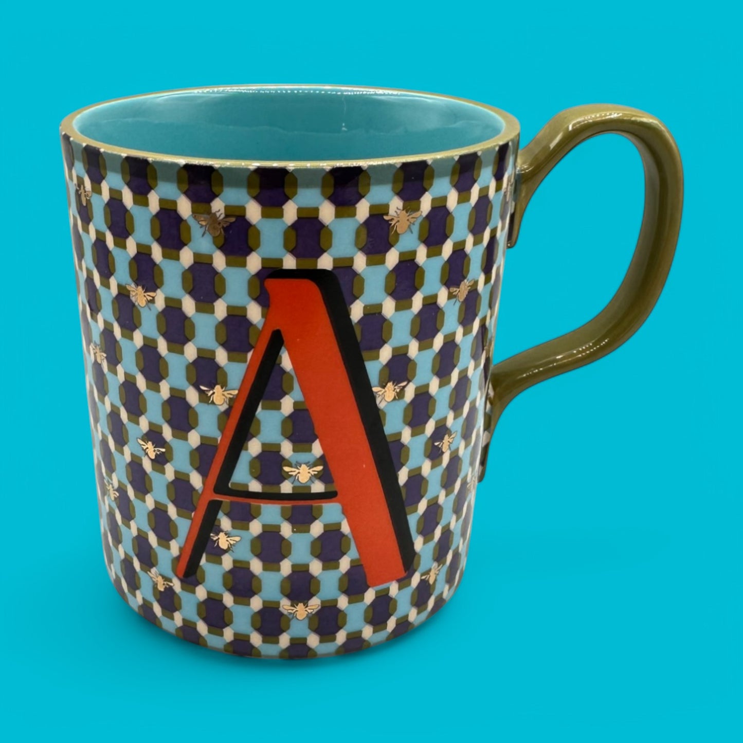Anthropologie Monogram "A" Mug - Geometric Pattern - Gold Bee Motif