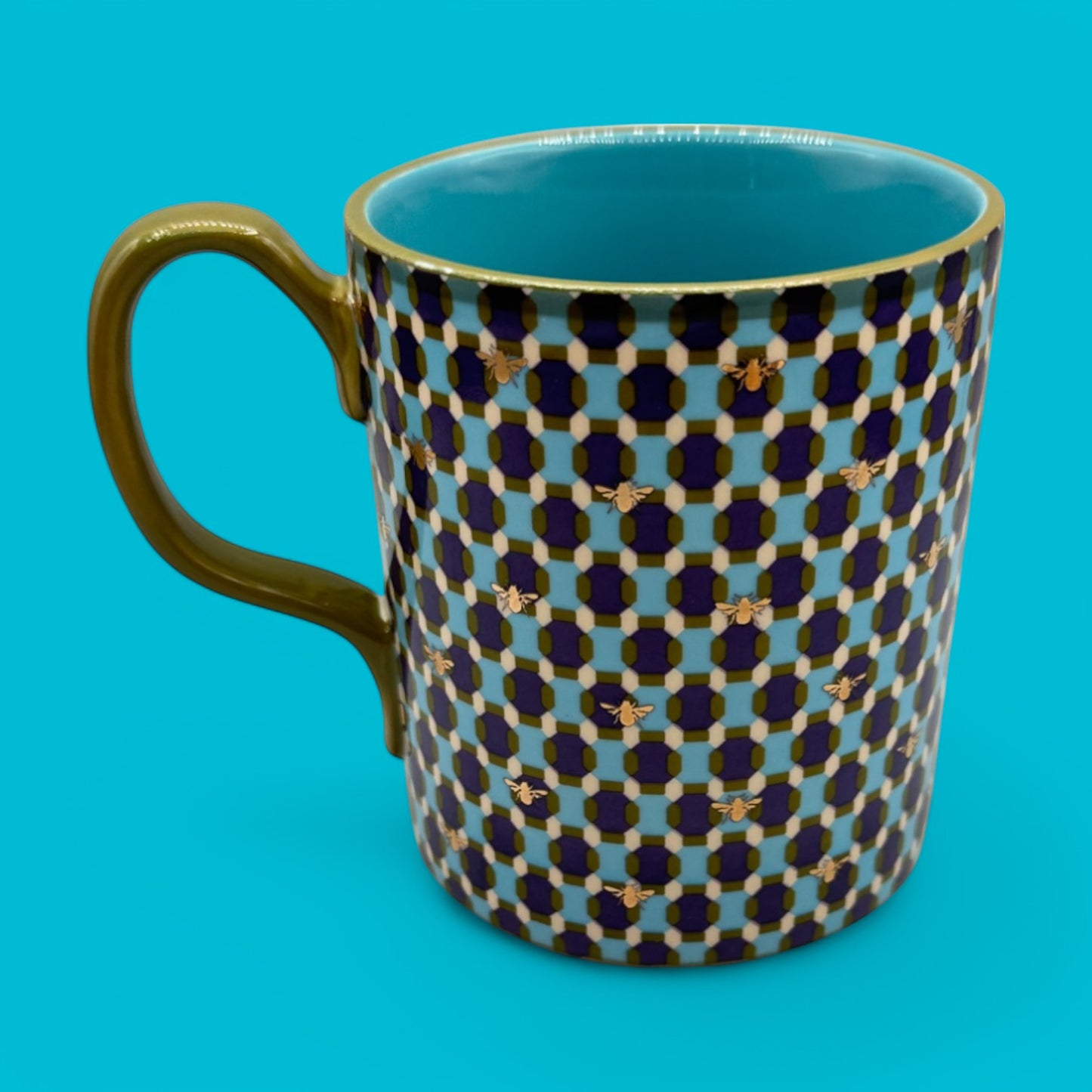 Anthropologie Monogram "A" Mug - Geometric Pattern - Gold Bee Motif