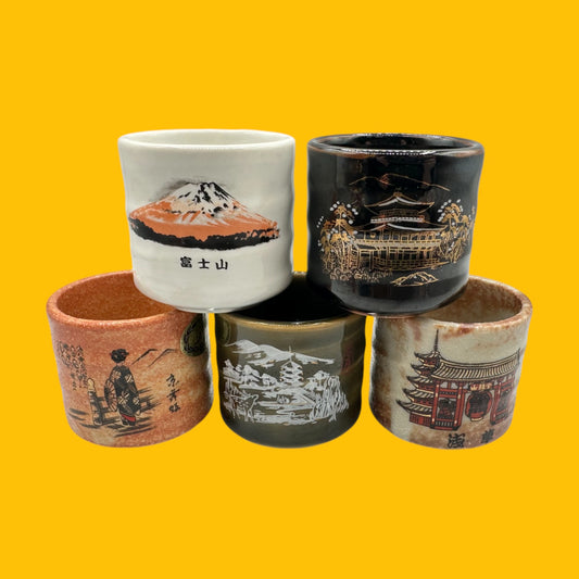Traditional Japanese Ceramic Tea Cups - Traditional Japanese Designs - Set of 5 featuring unique cultural motifs.