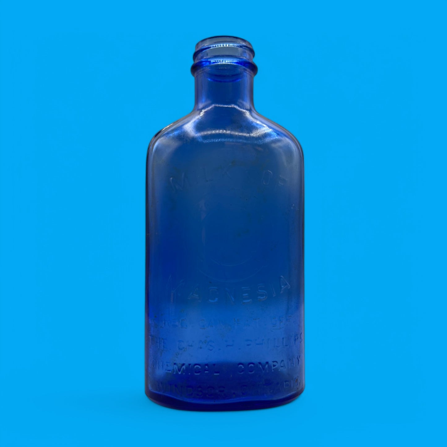Pair of Antique Phillips Milk of Magnesia Bottle β Cobalt Blue Glass Made in Canada