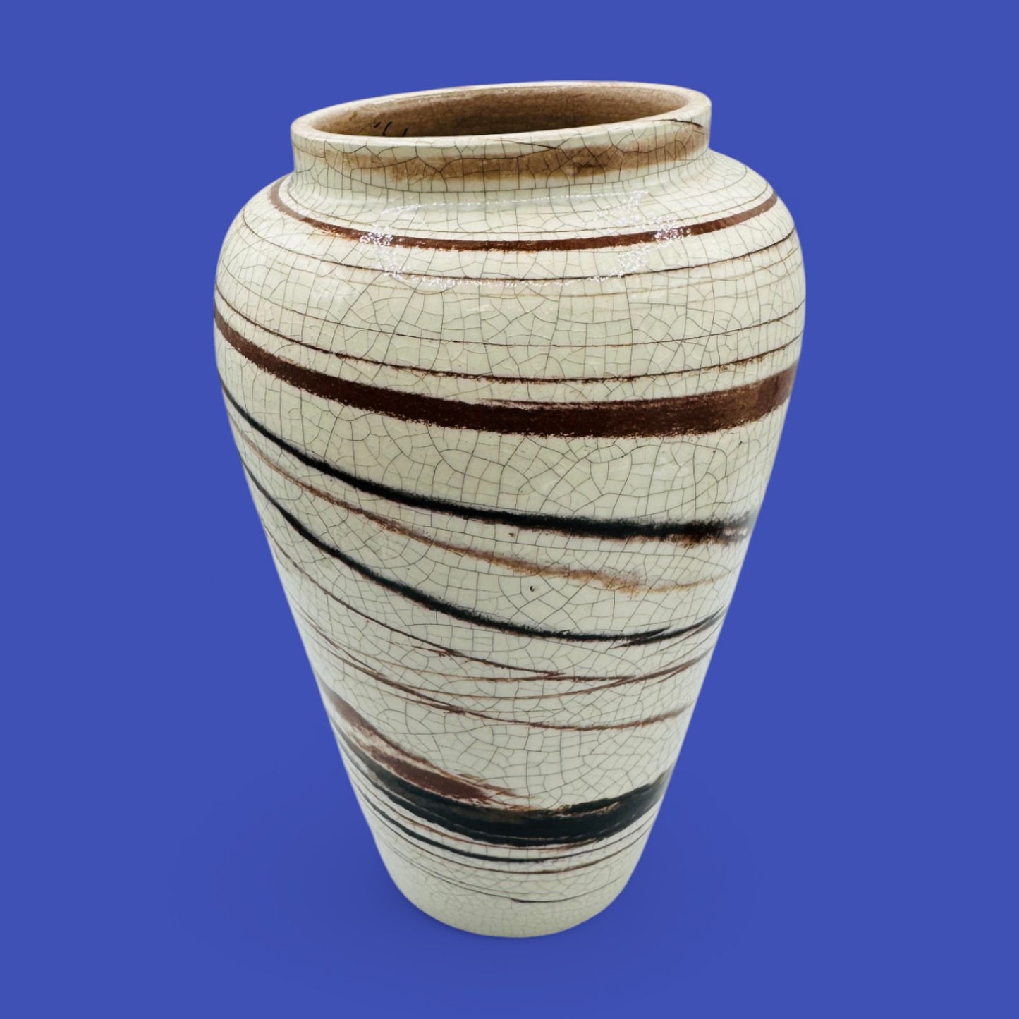 Elevate your decor with the Italian Mid-Century Modern Pottery Vase 9.8" Tall, featuring a crackled glaze and bold lines.
