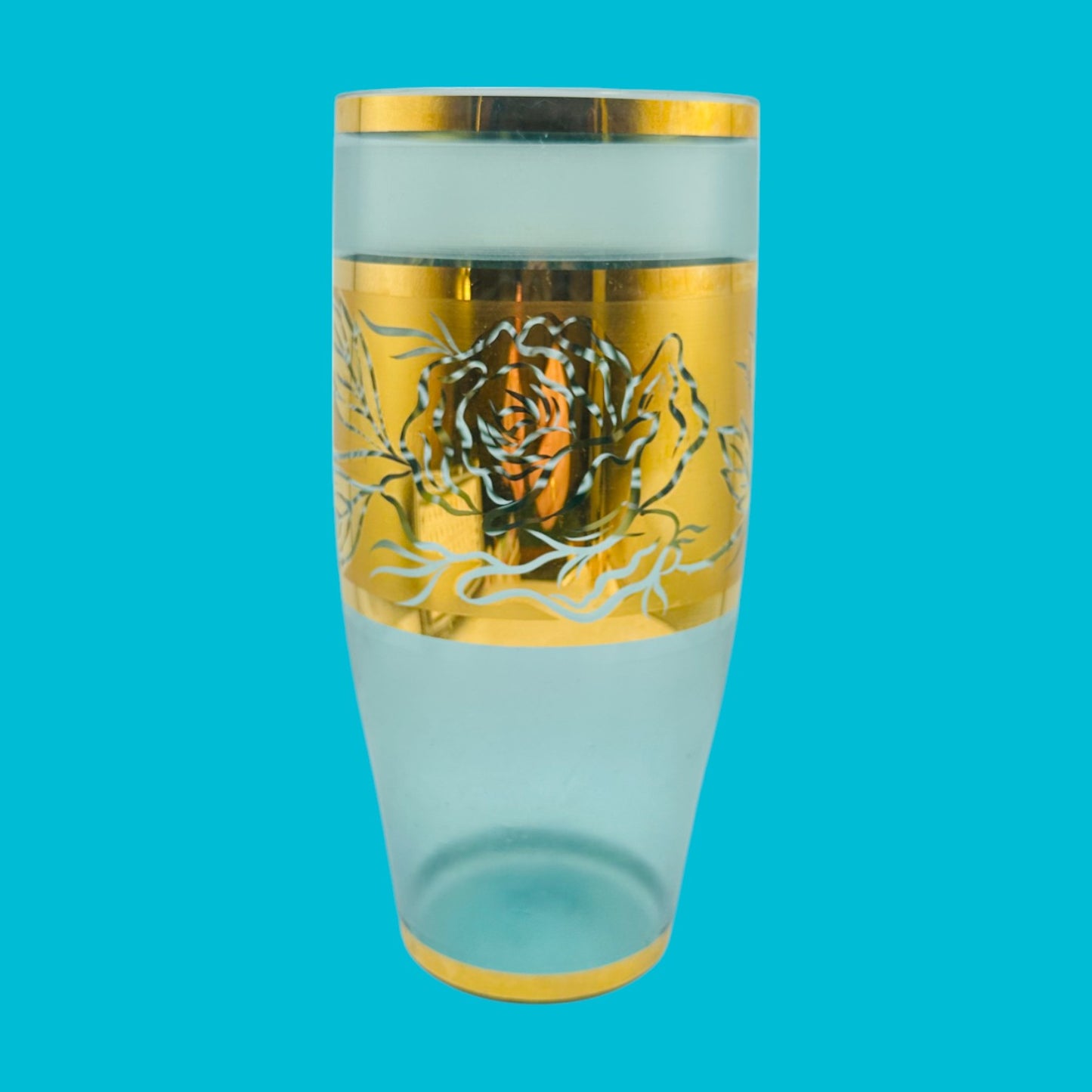 Vintage Italian Gold Floral Vase - 8" Tall features elegant gold patterns on frosted glass, perfect for home decor.