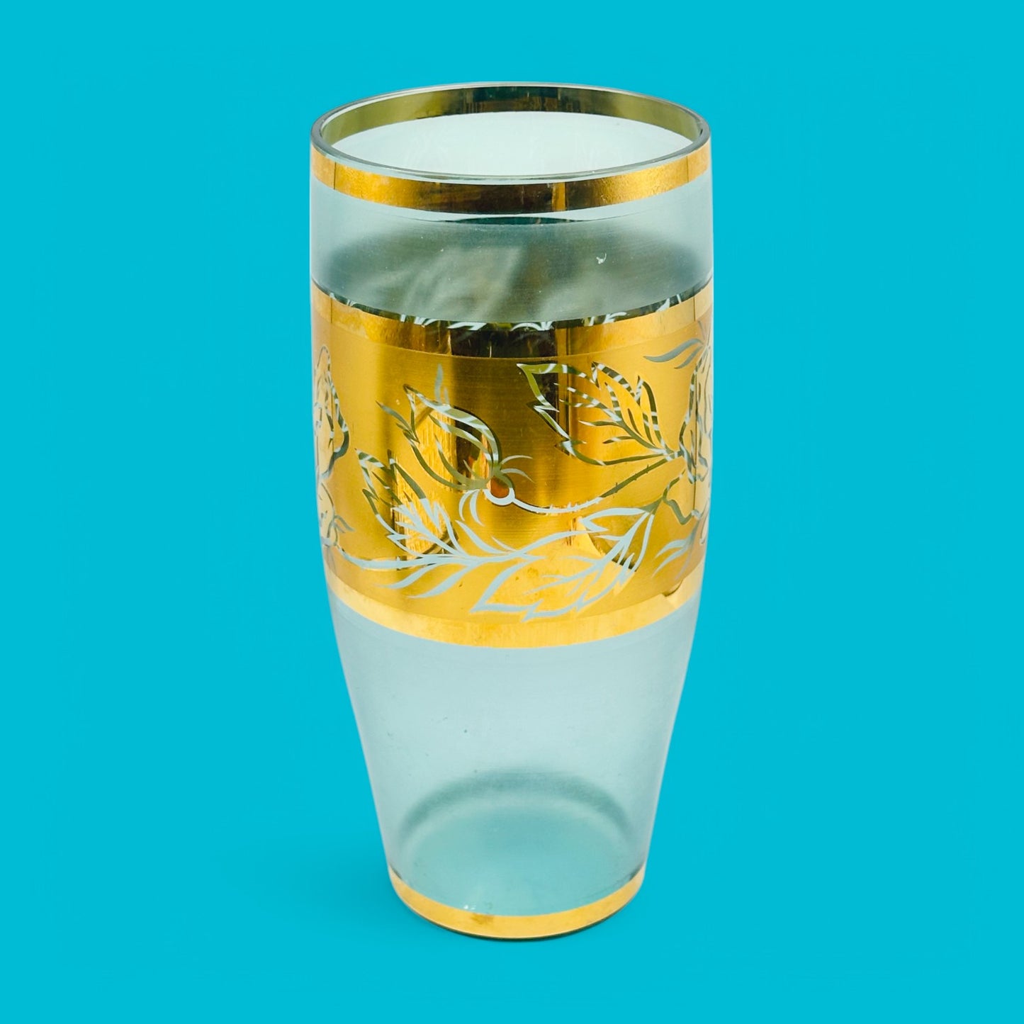 Vintage Italian Gold Floral Vase - 8" Tall showcases intricate designs on frosted glass, perfect for elegant home decor.