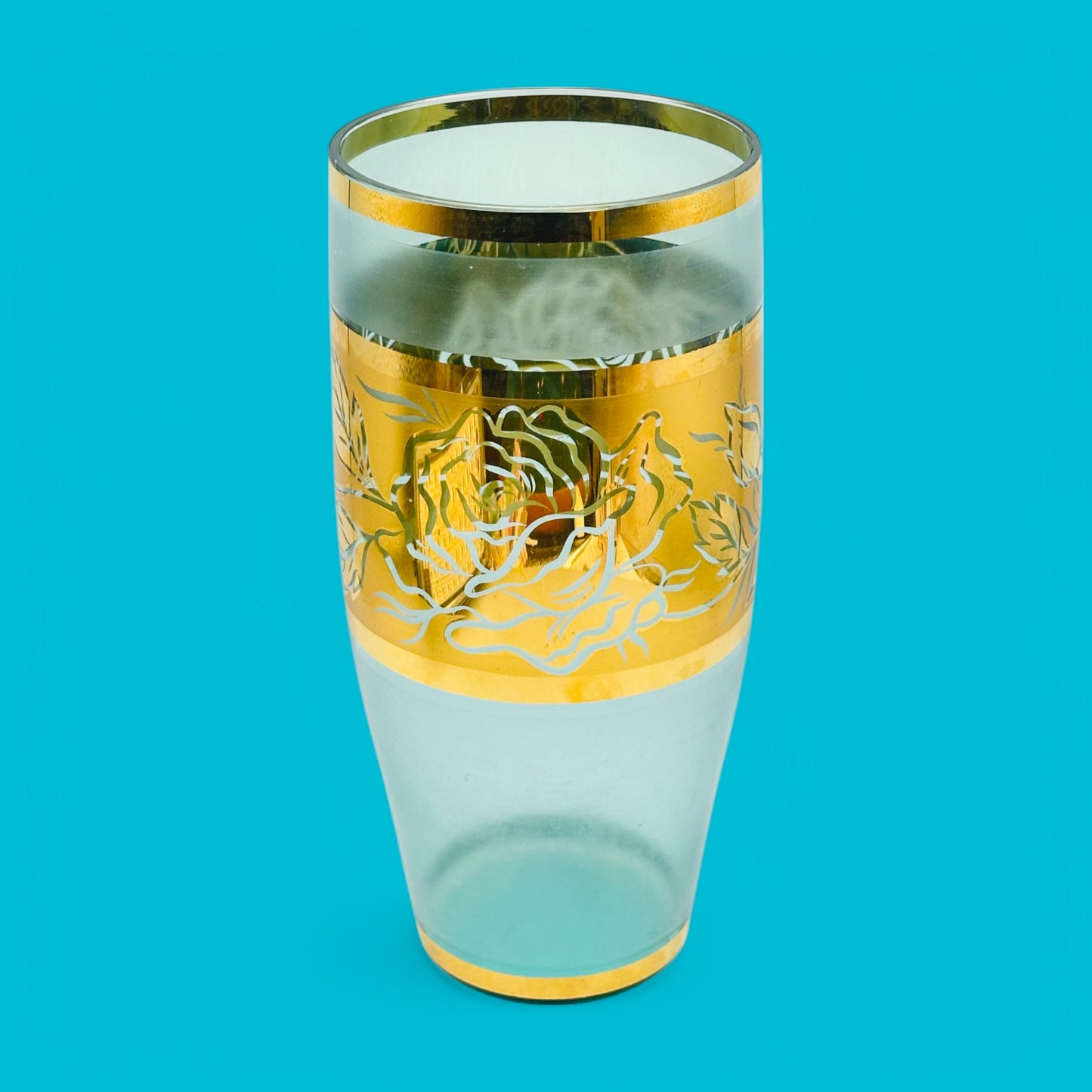 Vintage Italian Gold Floral Vase - 8" Tall features elegant gold patterns on frosted glass, perfect for home decor.
