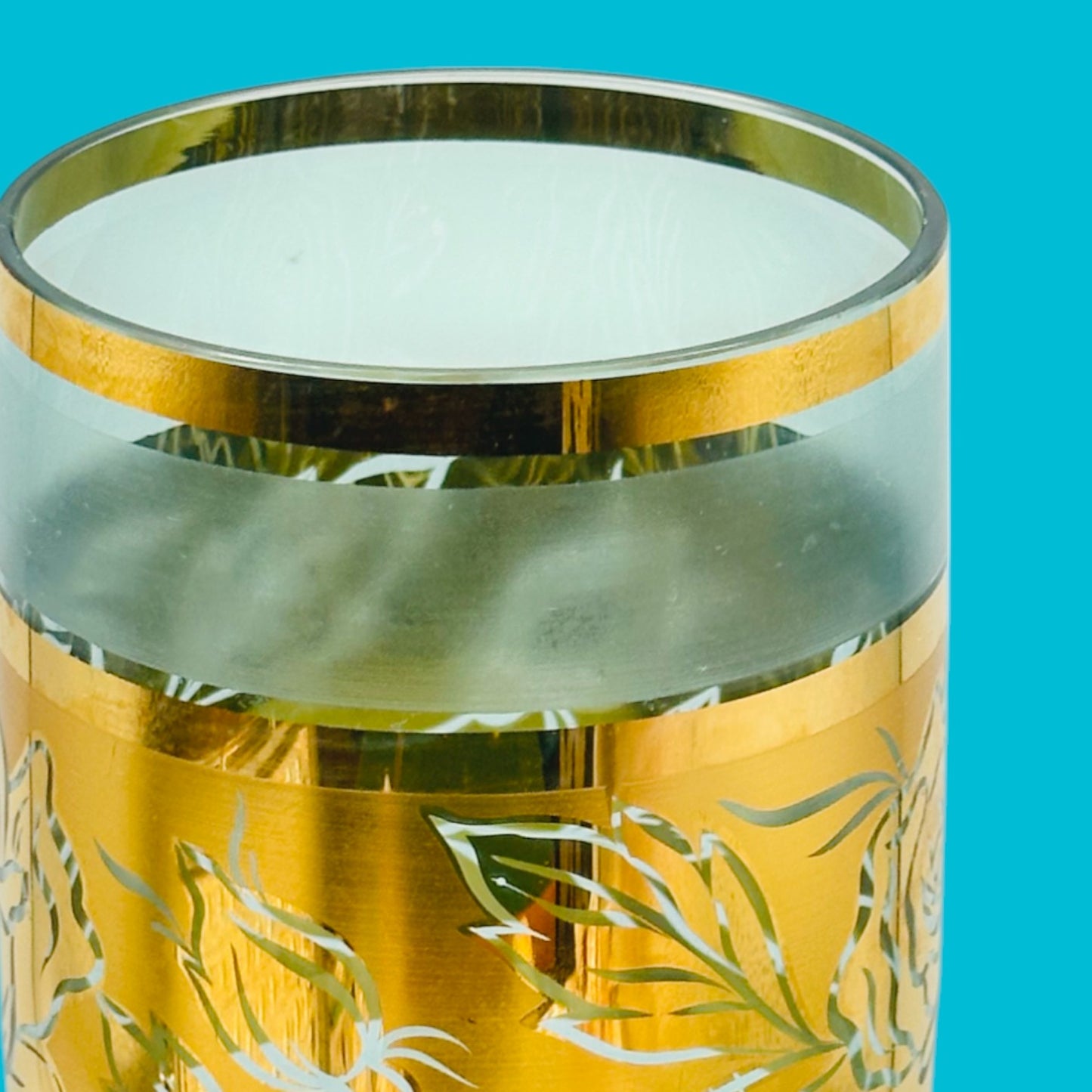 Vintage Italian Gold Floral Vase - 8" Tall features elegant gold patterns on frosted glass, perfect for home decor.