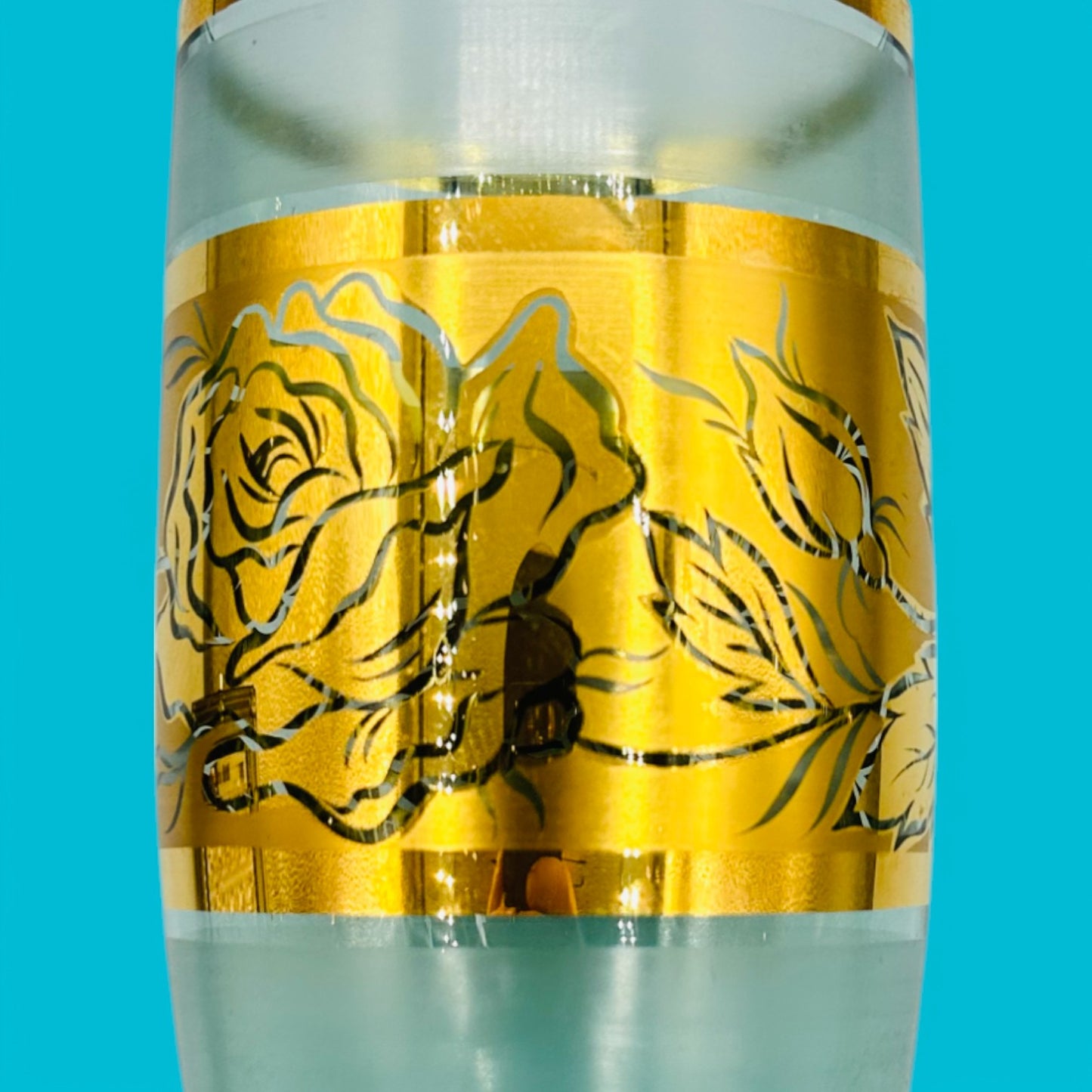 Vintage Italian Gold Floral Vase - 8" Tall showcases intricate gold patterns on elegant frosted glass, perfect for decor.