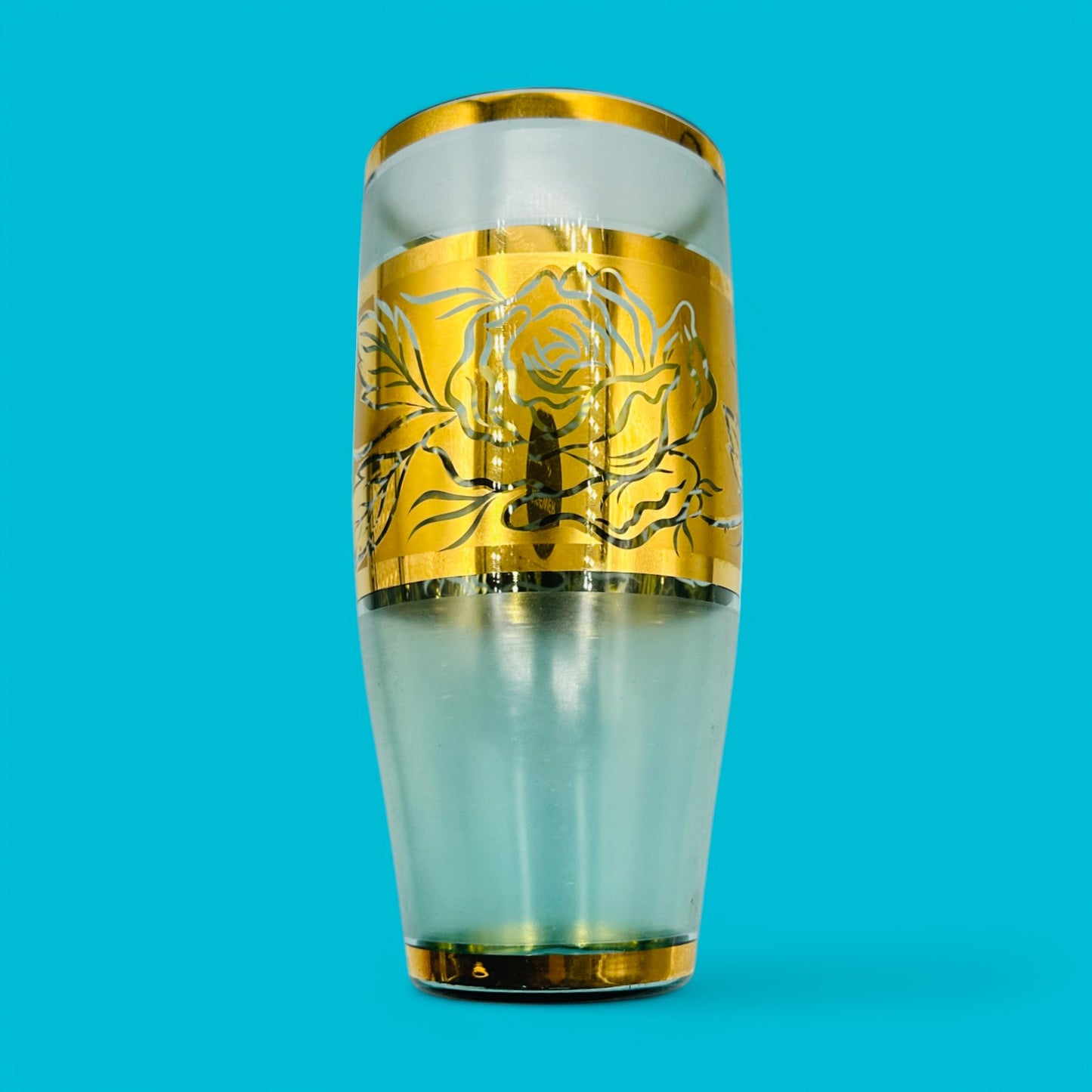 Vintage Italian Gold Floral Vase - 8" Tall adds elegance with intricate gold patterns on frosted glass, perfect for decor.