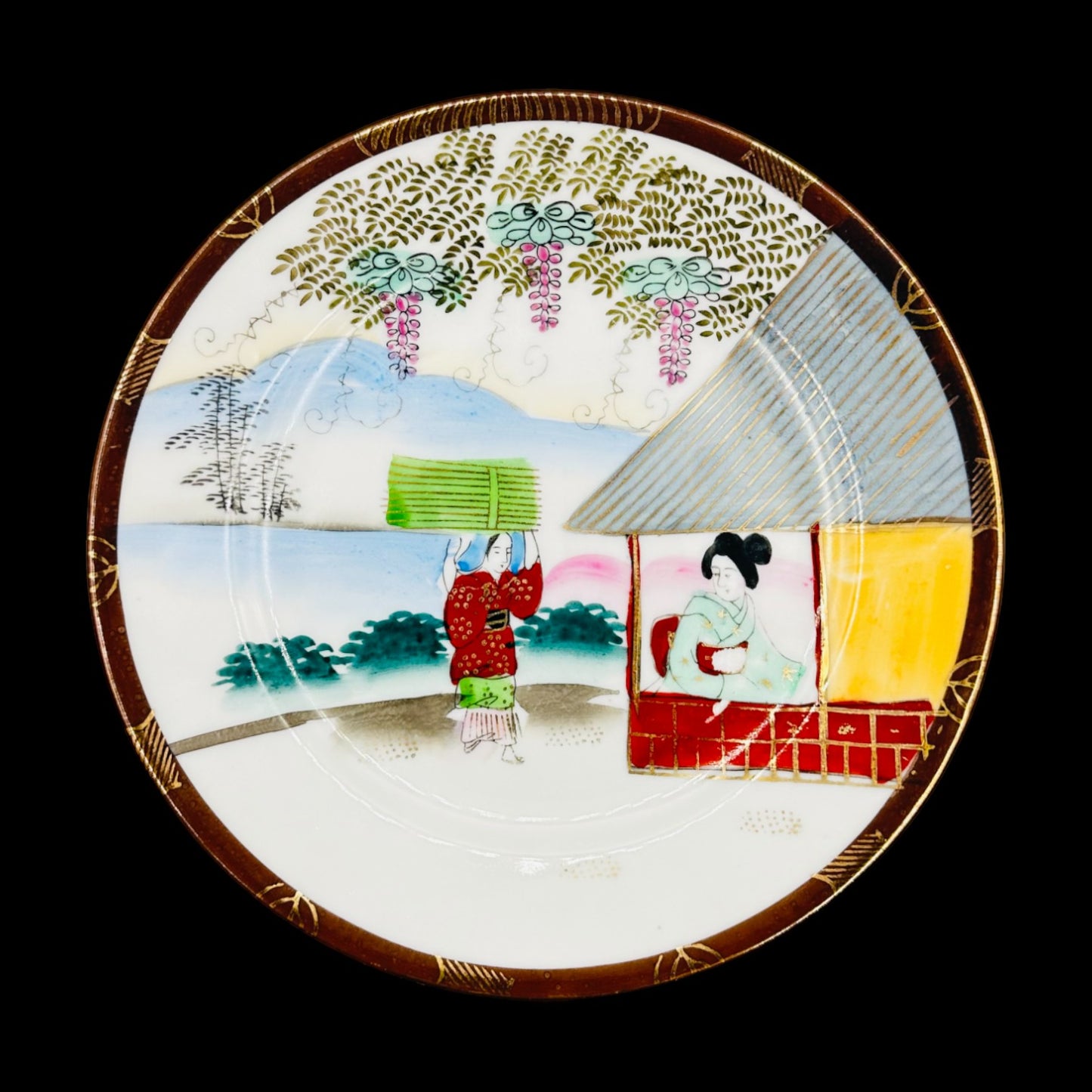 Antique Japanese Hand-Painted Plate -Geisha & Landscape Scene 7.5"