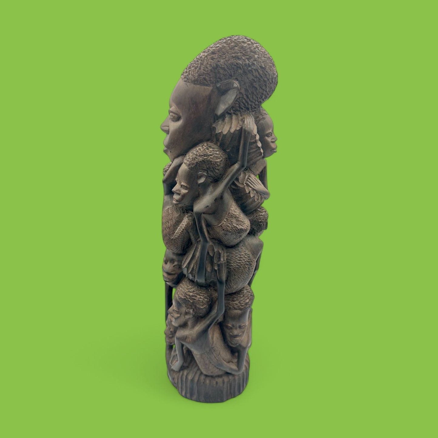 Hand-Carved African Makonde Family Tree Sculpture / Carving Ebony Art showcases intricate details of generations.