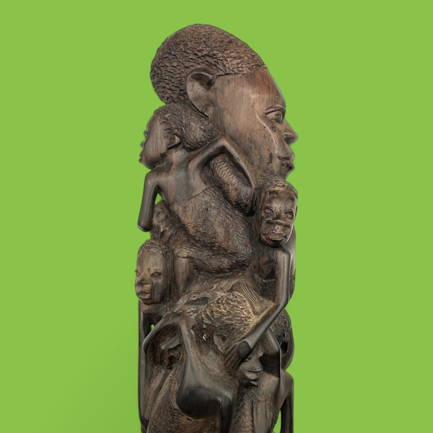 Hand-Carved African Makonde Family Tree Sculpture / Carving Ebony Art showcases intricate generational details in stunning ebony.