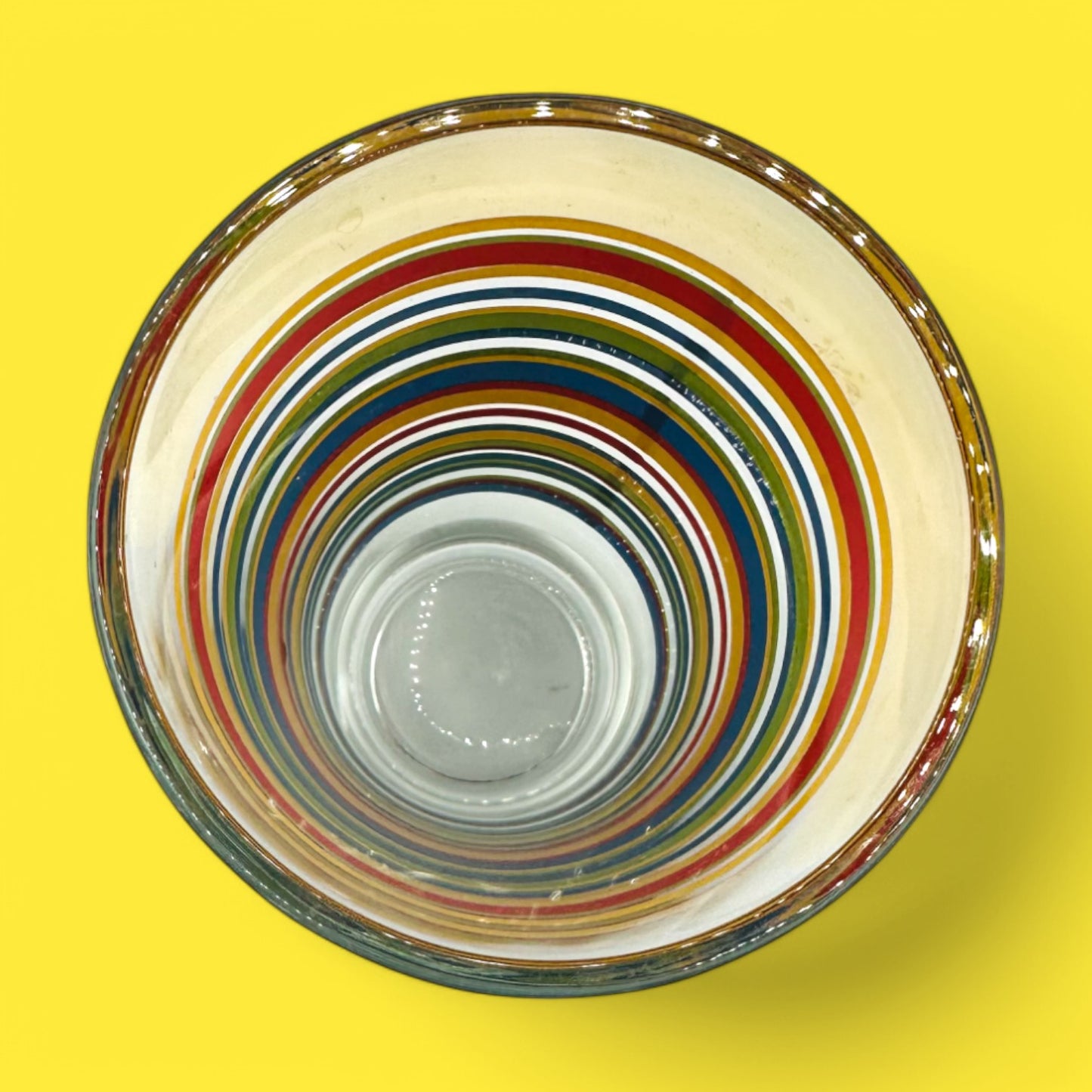 Colorful Vintage Libbey Fiesta Mambo Striped Tumblers, MCM Rainbow Glass Set (2) on a bright yellow background.