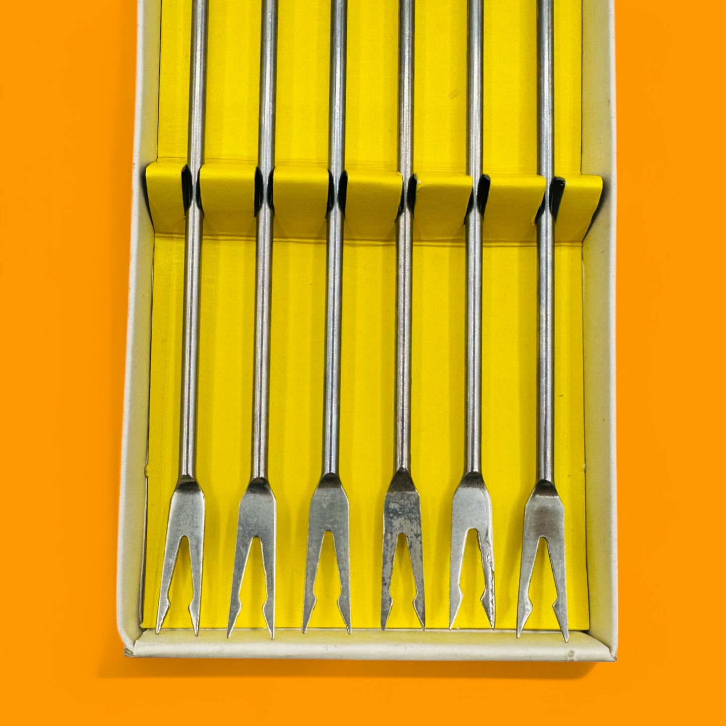 Vintage Coloured Teardrop Fondue Forks, Set of 6 - Mid-Century Modern Design, perfect for stylish fondue parties.