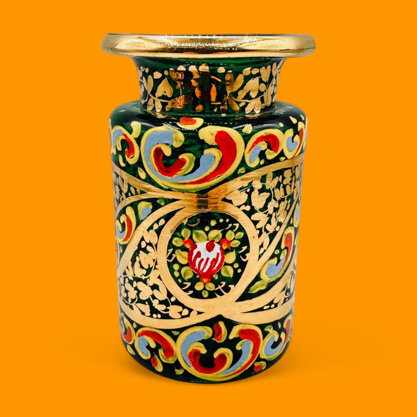 Hand-Painted Green Glass Jar – Emerald Decorative Jar with Gold Accents