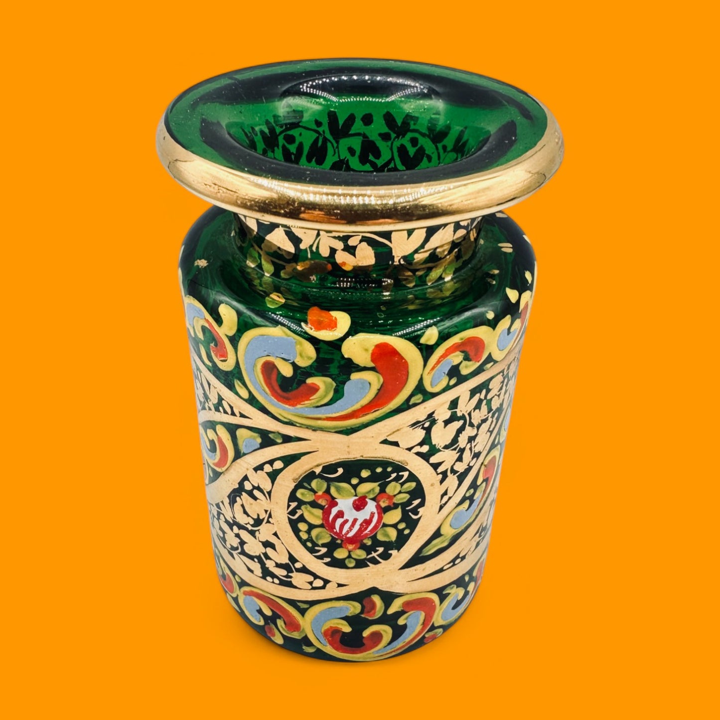 Hand-Painted Green Glass Jar – Emerald Decorative Jar with Gold Accents