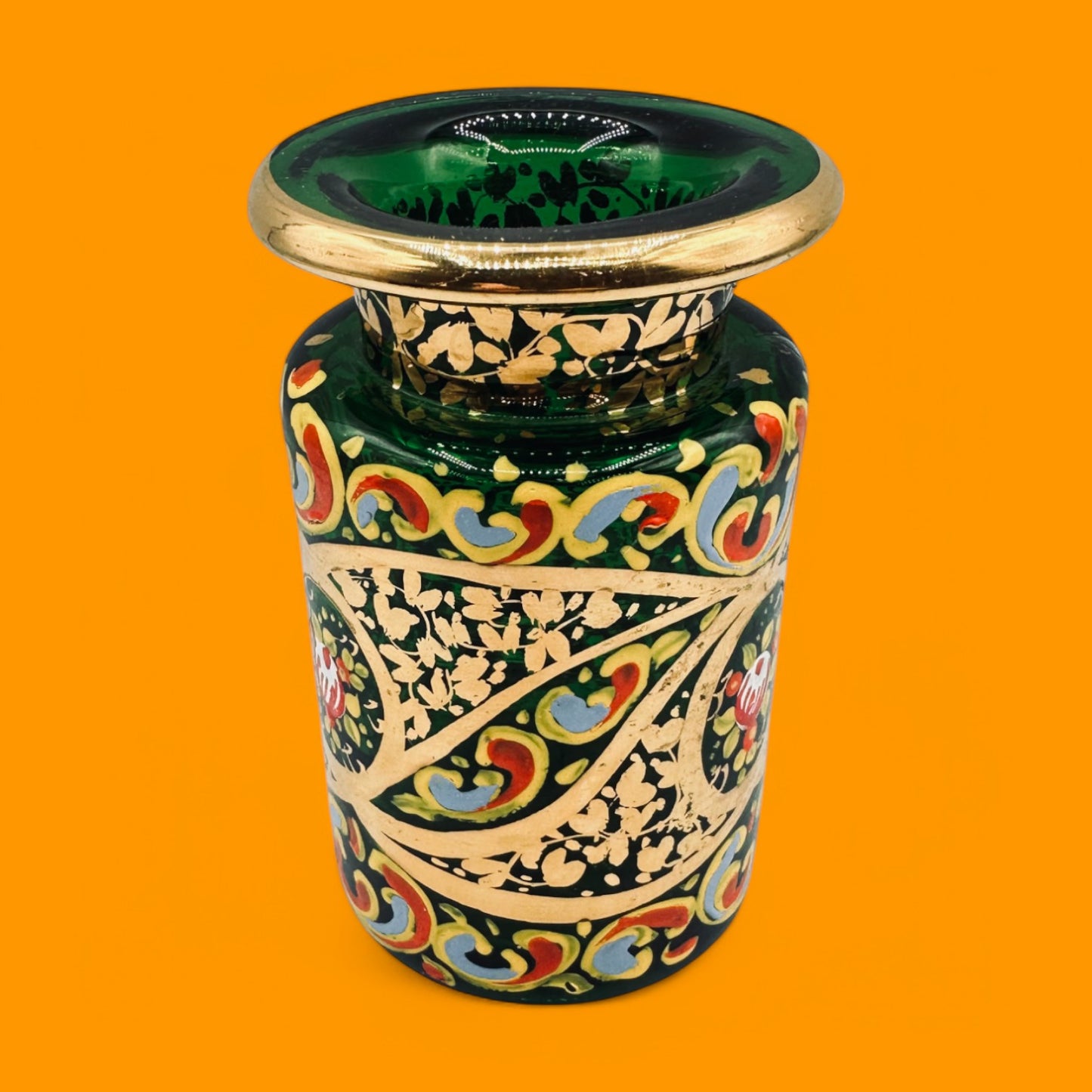 Hand-Painted Green Glass Jar – Emerald Decorative Jar with Gold Accents