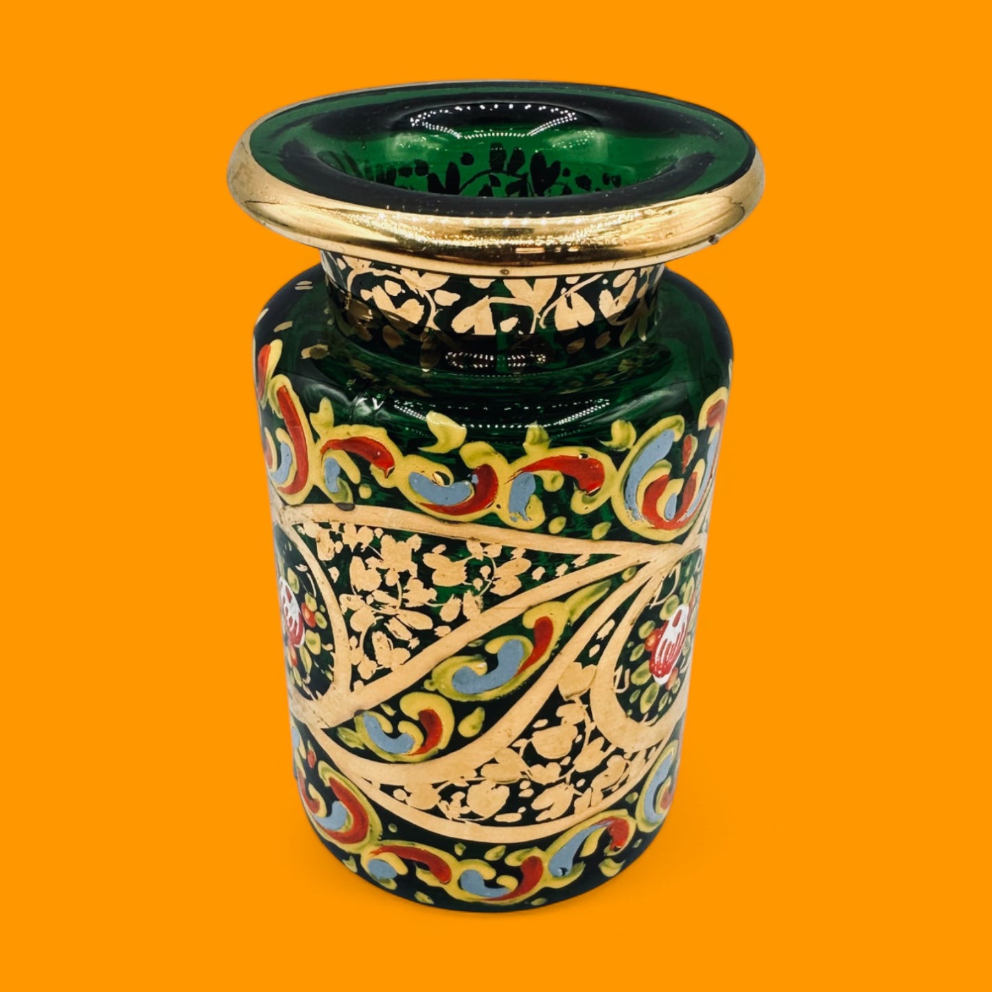Hand-Painted Green Glass Jar – Emerald Decorative Jar with Gold Accents