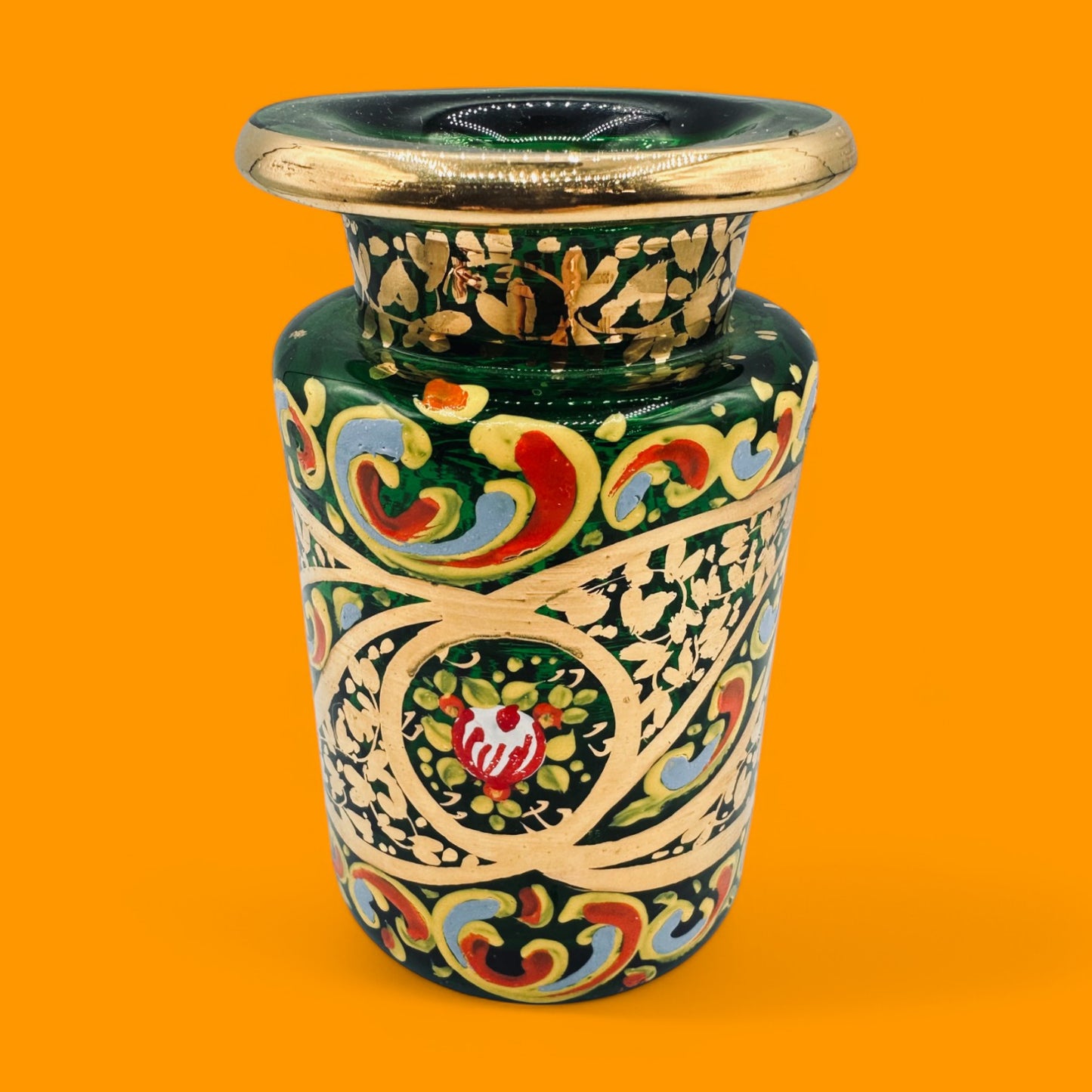 Hand-Painted Green Glass Jar – Emerald Decorative Jar with Gold Accents