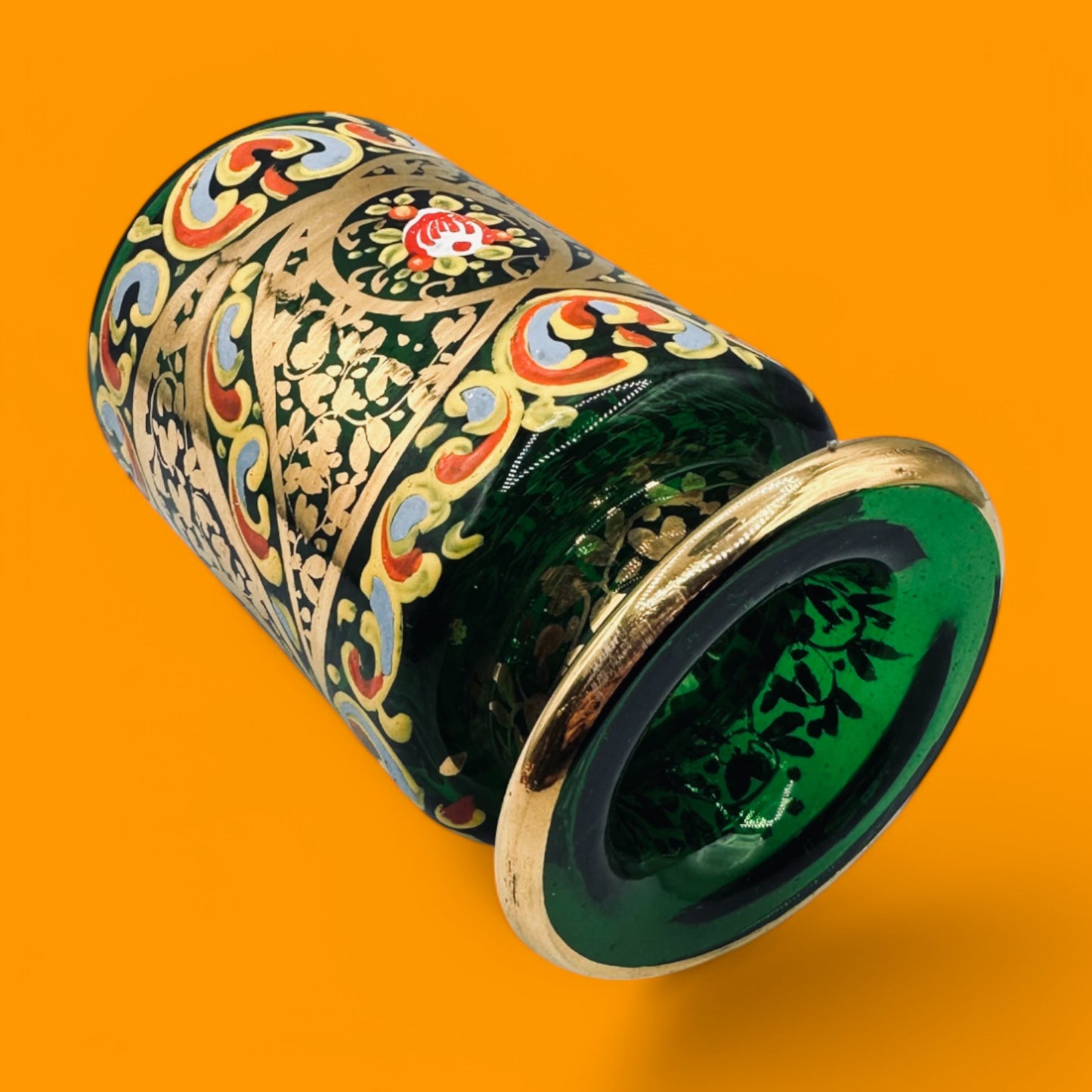 Hand-Painted Green Glass Jar – Emerald Decorative Jar with Gold Accents