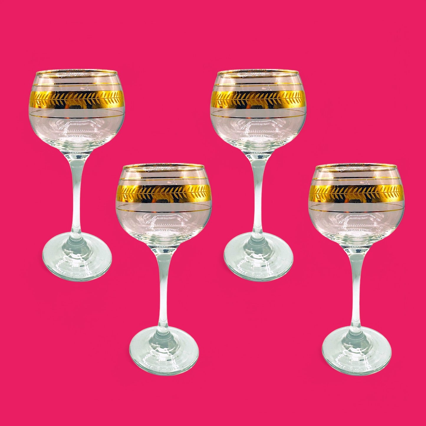 Vintage Hock Wine Glasses Set of 4 – 1950s Gilt Gold Leaf Band – 150ml