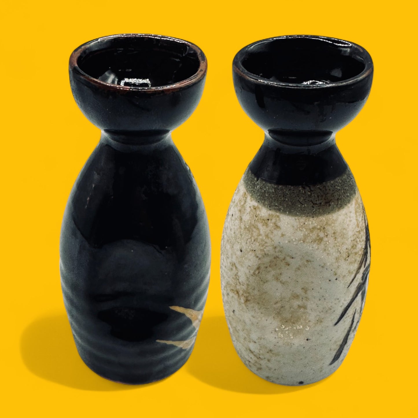 Vintage handmade bamboo motif sake carafe set 12.5 cm tall